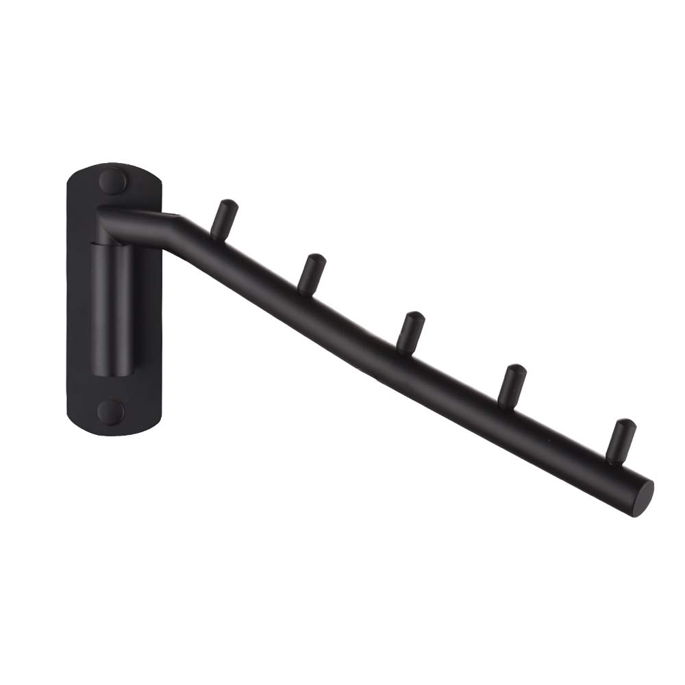 JQK Stainless Steel Folding Clothes Hanger Rack - Wall Mounted Swing Arm Hook Holder for Closet Storage & Drying Organizer (Matte Black, SHR100-PB) - Perfect for Small Spaces, Laundry Rooms & Bedroom Organization