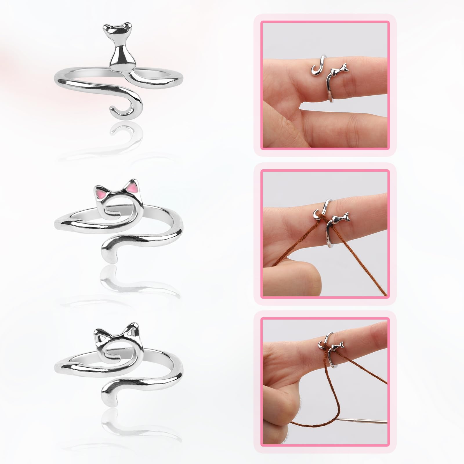 BOXOB 3-Piece Crochet Tension Rings - Cat-Themed Yarn Guide Finger Holders for Faster Knitting & Crocheting (Silver) | Perfect for Beginners & Experienced Knitters, Ideal for DIY Projects & Handmade Gifts