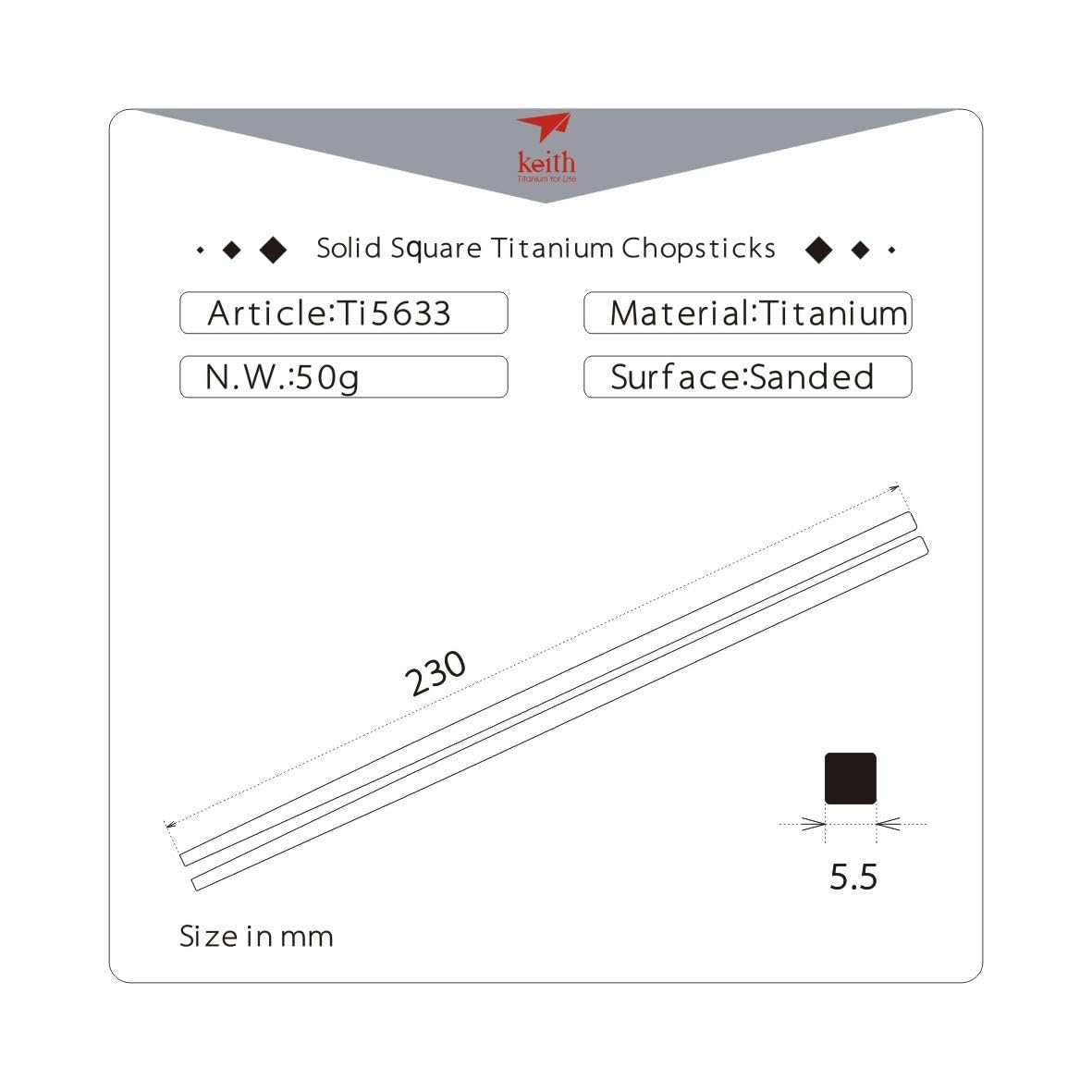Keith Titanium Ti5633 Solid Square Handle Chopsticks Set with Aluminum Case (Grey) - Premium Reusable Chopsticks for Sushi, Asian Cuisine & Home Dining - Perfect Gift for Food Lovers