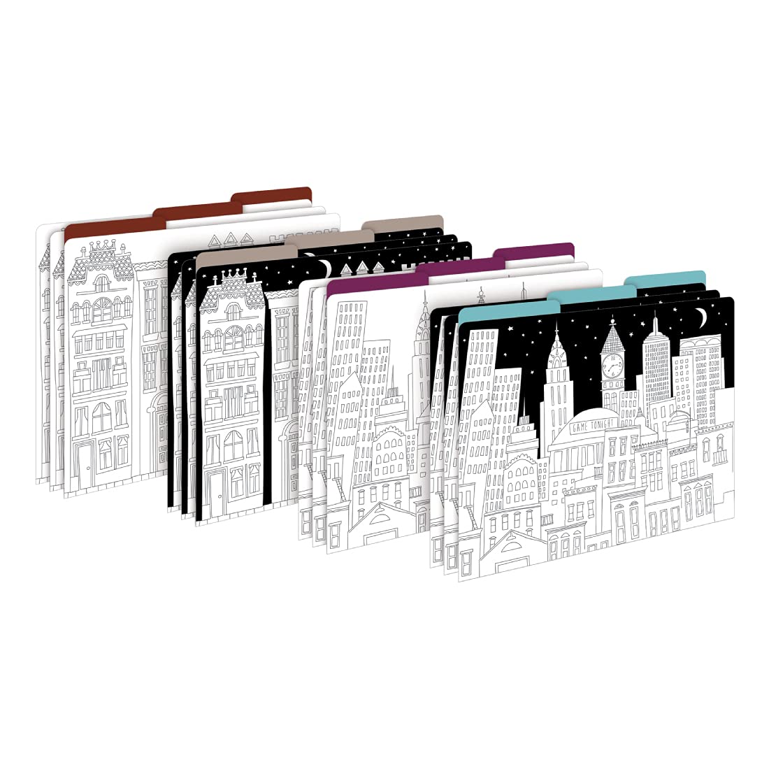 Barker Creek Designer File Folders Set of 12 - Color Me! Cityscapes Adult Coloring Book Style, Multi-Design Letter Size Folders with 1/3 Cut Tabs, 12-Pack for Home, School & Office Organization | Perfect for Document Storage, Art Therapy & Creative Workspaces