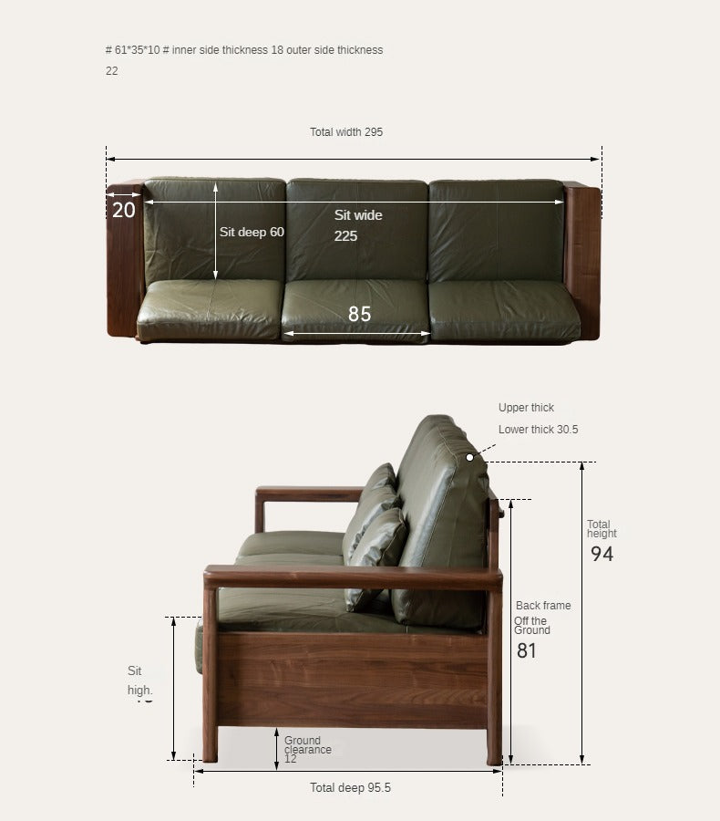 Black Walnut Solid Wood Modern Straight Sofa - Contemporary Minimalist Living Room Furniture for Small Spaces & Apartments