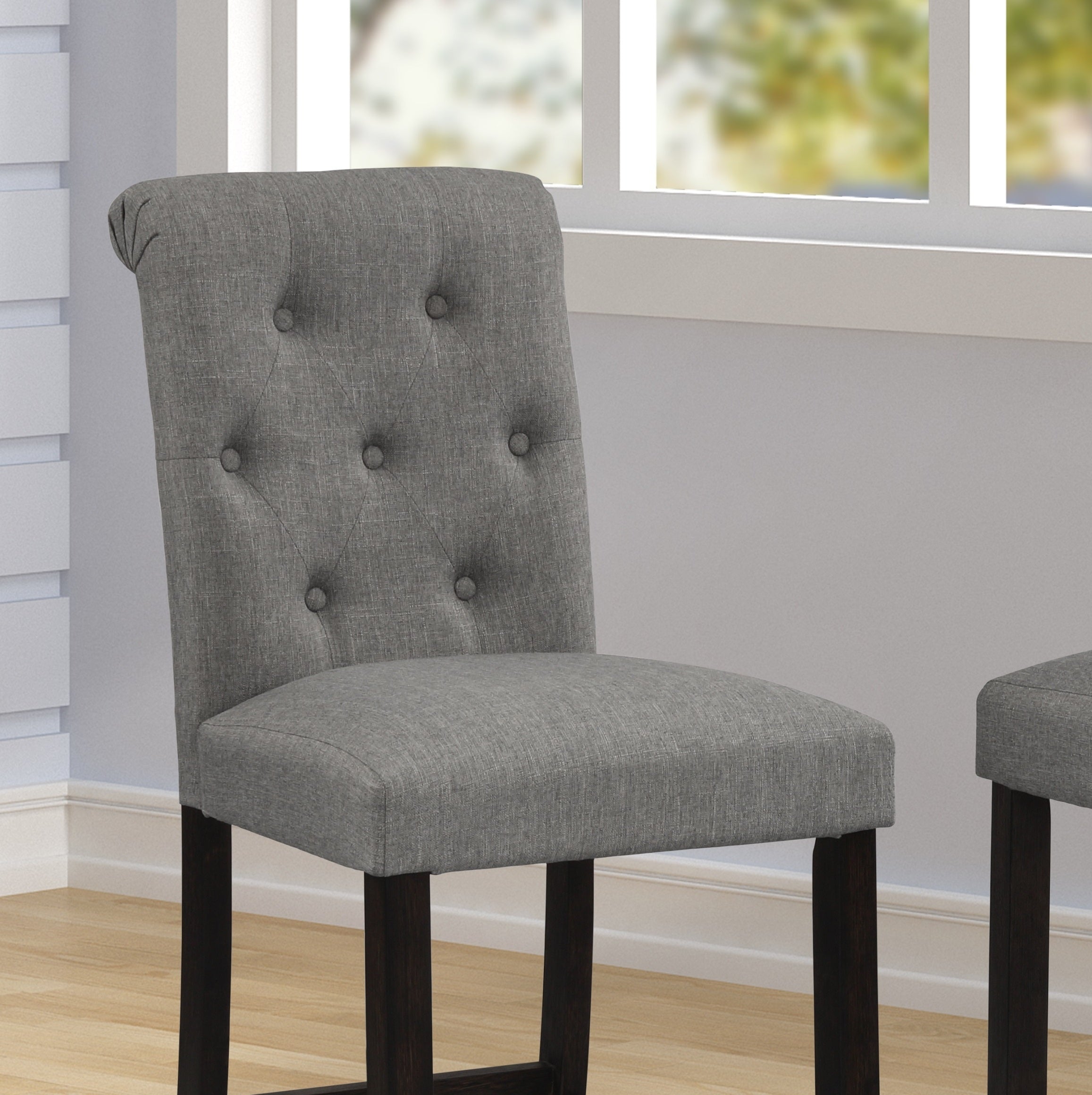 Roundhill Furniture Leviton Solid Wood Tufted Barstools, Grey - Set of 2 Counter Height Stools for Kitchen Island, Breakfast Bar & Home Decor