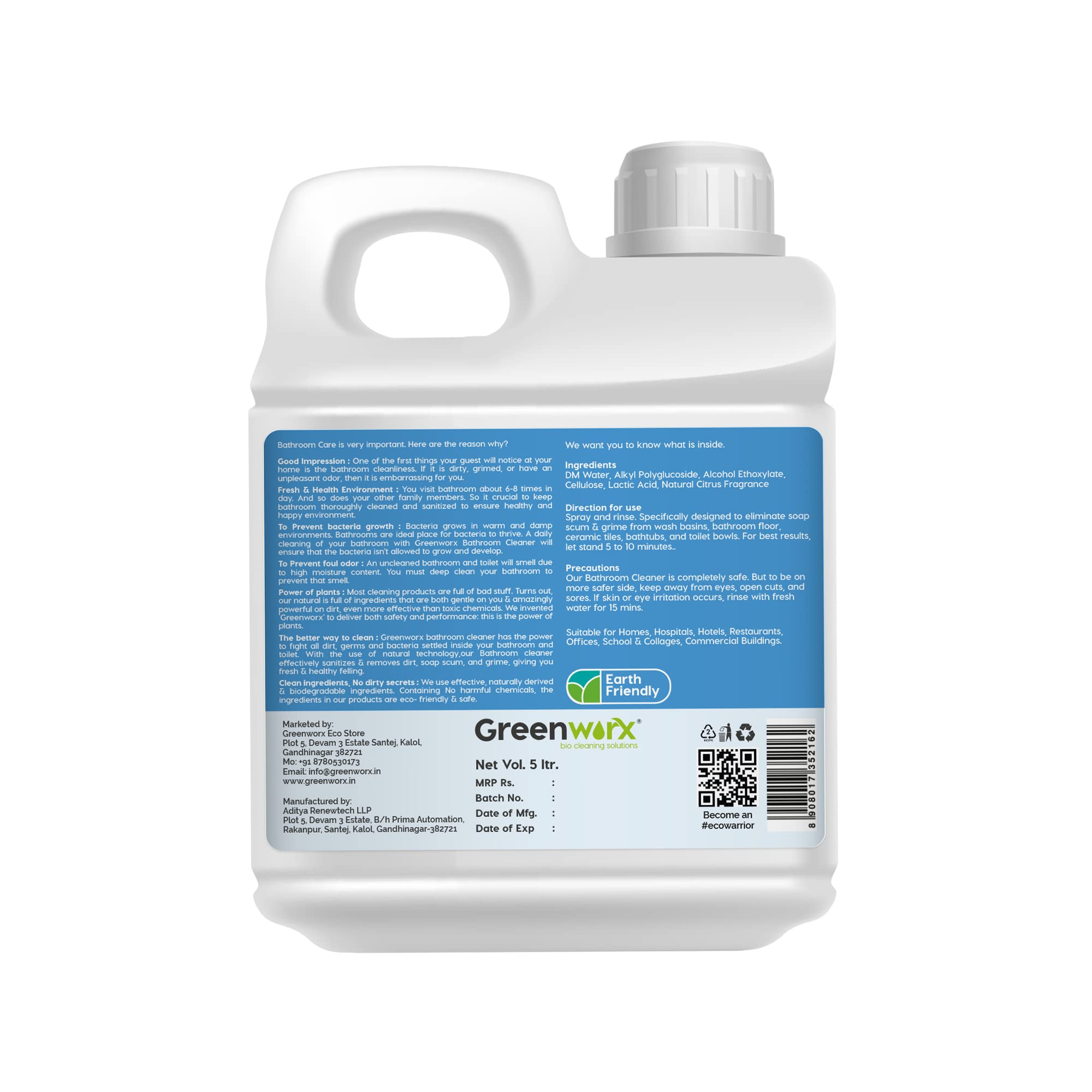 Greenworx Natural Bathroom & Toilet Cleaner Liquid - 5L Eco-Friendly Disinfectant | Plant-Based, Non-Toxic, Biodegradable Formula | Safe for Taps, Showers & Septic Tanks | Perfect for Daily Bathroom Cleaning & Stain Removal