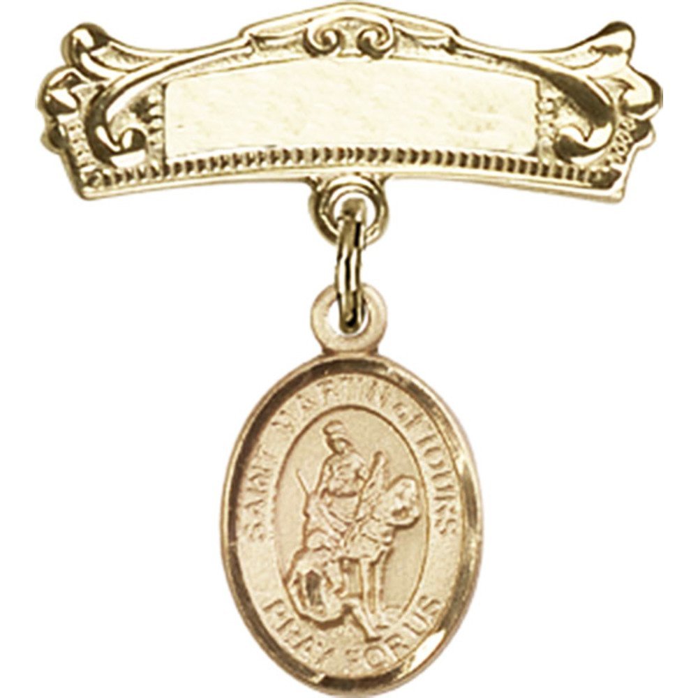 Gold Filled Baby Badge with St. Martin of Tours Charm - 7/8 X 3/4 Inch Arched Polished Pin for Christening, Baptism & First Communion Gifts - Perfect for Baby Showers & Religious Ceremonies