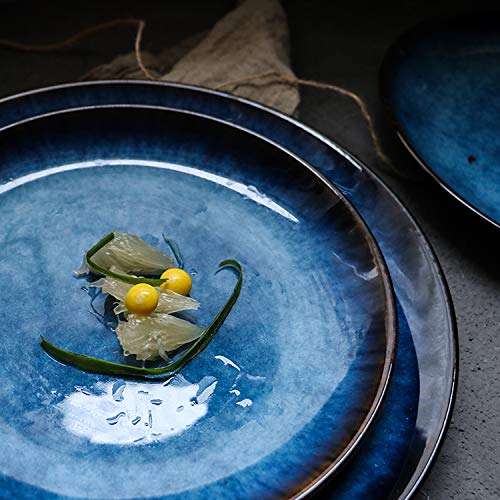 Blue Glazed Porcelain Dinner Plates Set of 4 - Elegant Round Flat Plates for Fine Dining, Wedding Registry & Home Decor