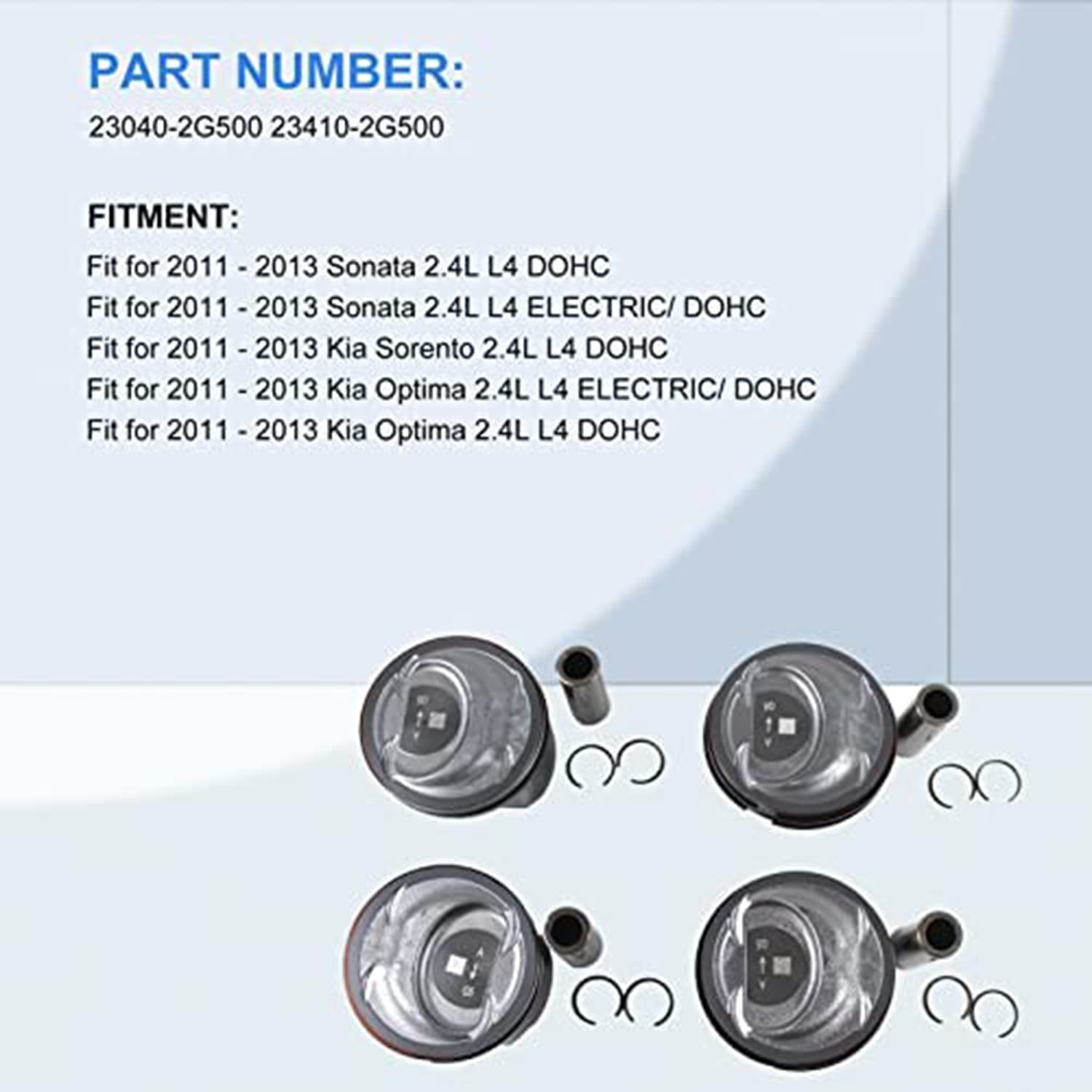 High-Quality Piston & Connecting Rod Kit 23040-2G500 23410-2G500 23510-2G540 - Compatible with 2011-2013 Hyundai Sonata 2.4L, Kia Sorento & Optima 2.4L Engine - Aftermarket Performance Parts for Engine Rebuild & Repair