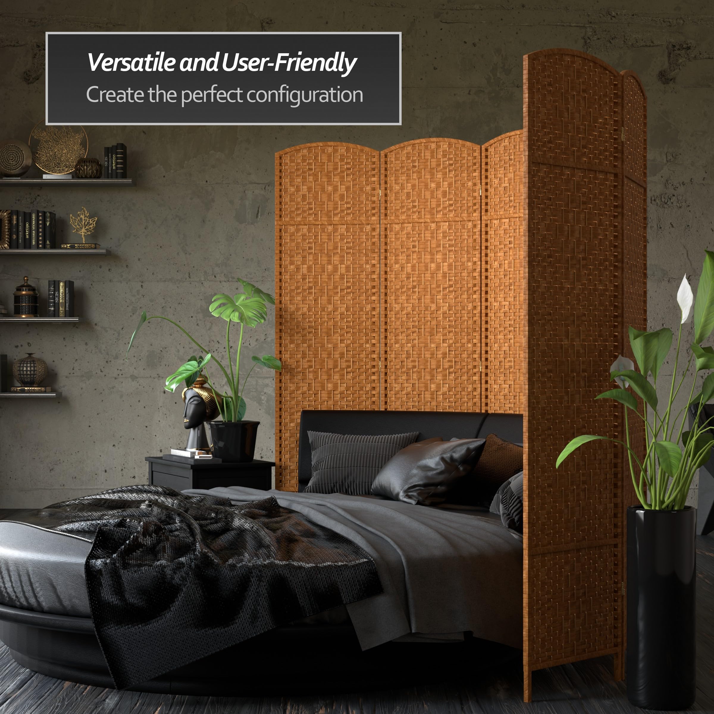 7 ft Tall Red Lantern Diamond Weave Dark Beige 6-Panel Room Divider - Freestanding Privacy Screen for Home, Office, or Outdoor Use