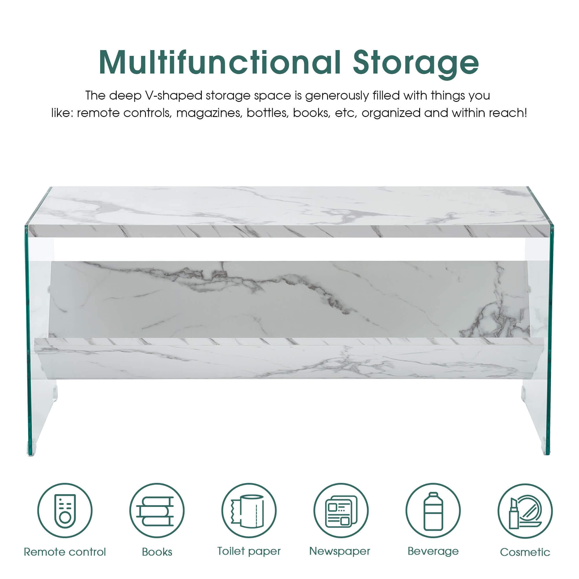 ivinta Modern Rectangle Coffee Table with Tempered Glass Legs & Storage - White 5771 | Perfect for Living Room, Lounge & Small Spaces