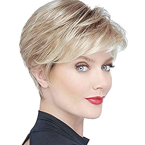 BECUS Short Pixie Cut Wig - Blonde Synthetic Hairpiece for Women (Highlight Ombre Roots Brown Mixed Blonde) - Pixie Layered Wig for White & Black Women, Older Women - Perfect for Cosplay, Daily Wear & Costume Parties