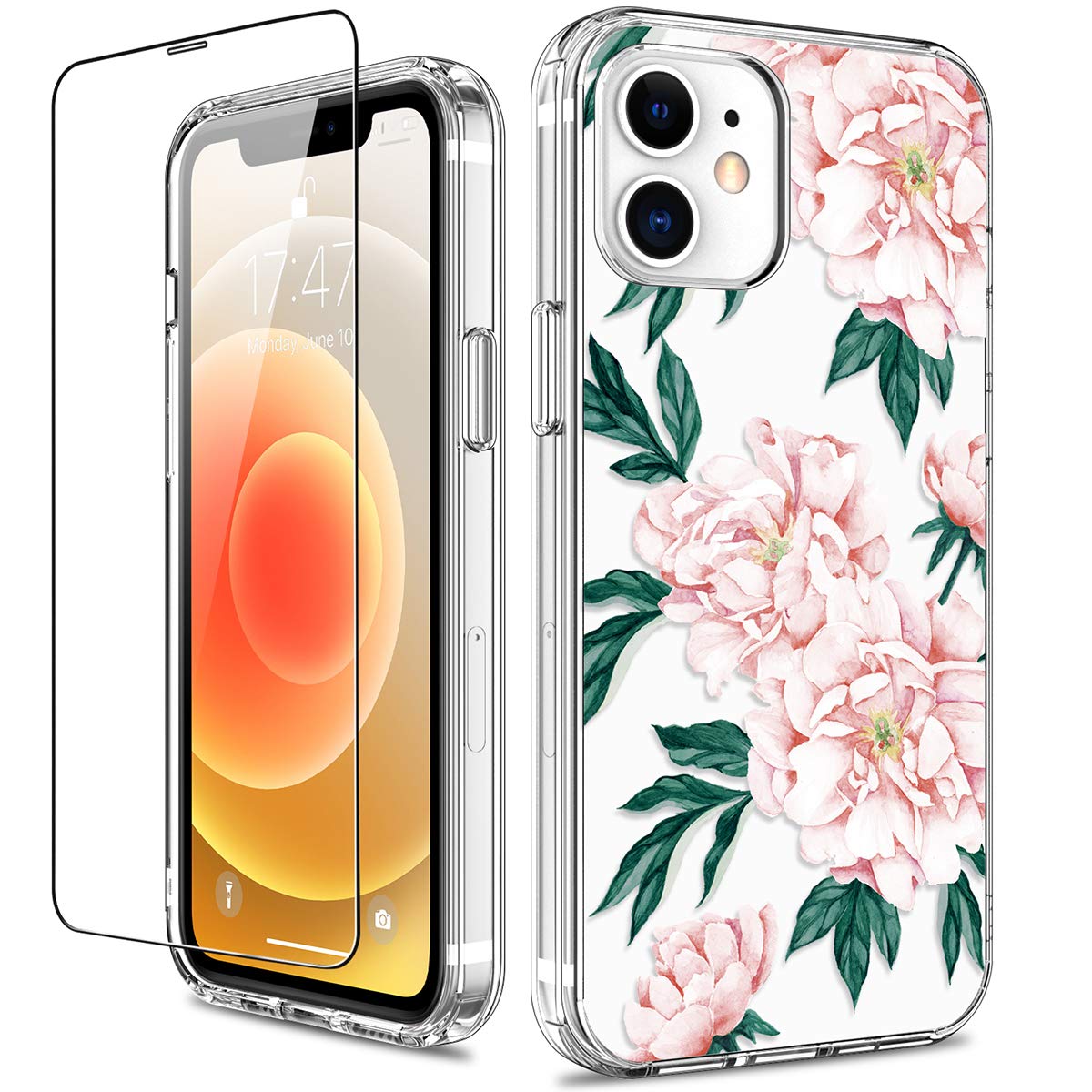 GiiKa Clear Floral Shockproof Hard Case with TPU Bumper for iPhone 12/12 Pro - Full Body Protection for Women & Girls (Pink Flowers) | Perfect for Everyday Use, Work, School & Travel