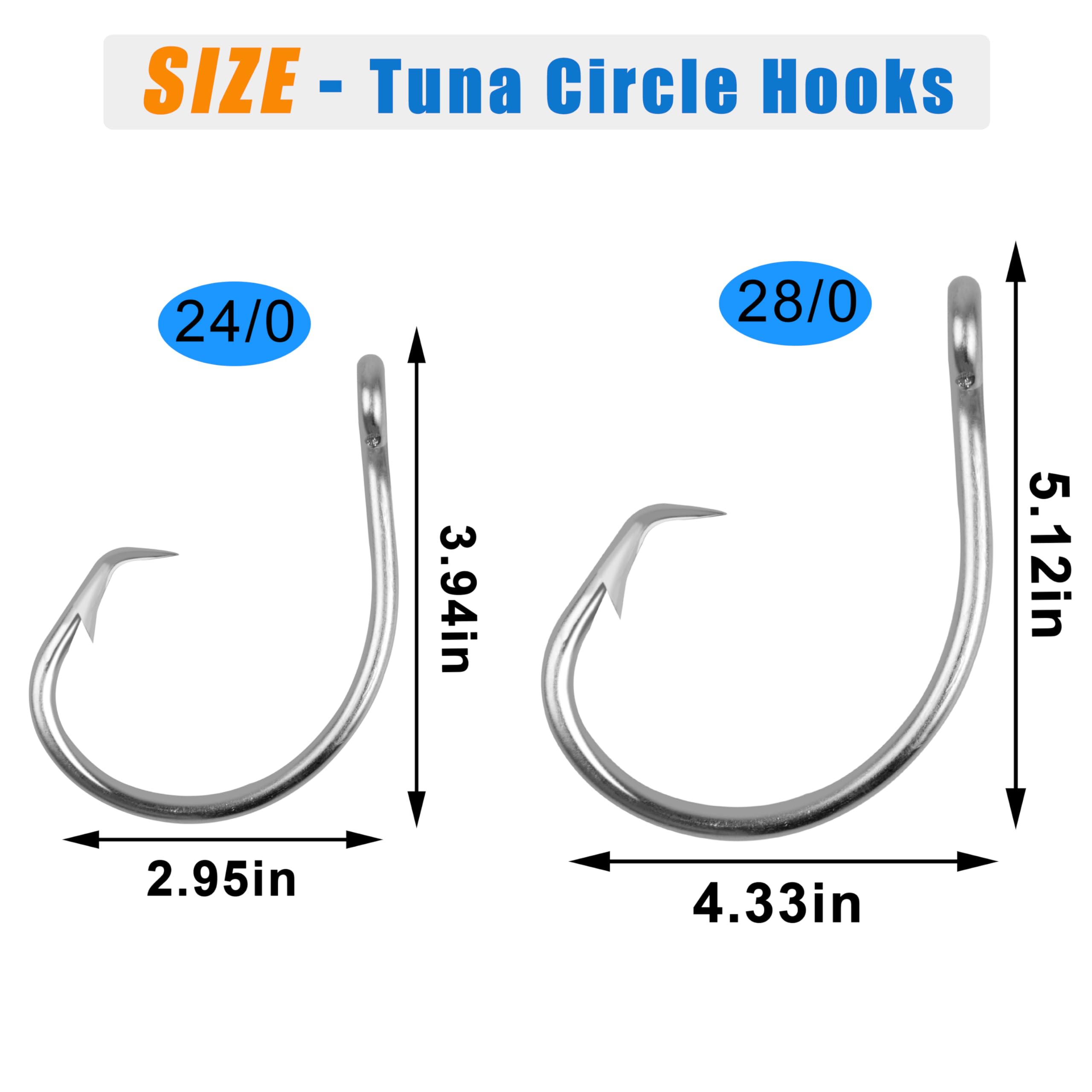 FUSIGO Saltwater Tuna Giant Circle Hooks 8/0-28/0 - Stainless Steel Big Game Fishing Hooks for Swordfish, Tuna & Shark - Heavy Duty In-Line Circle Hooks for Deep Sea Fishing & Offshore Angling