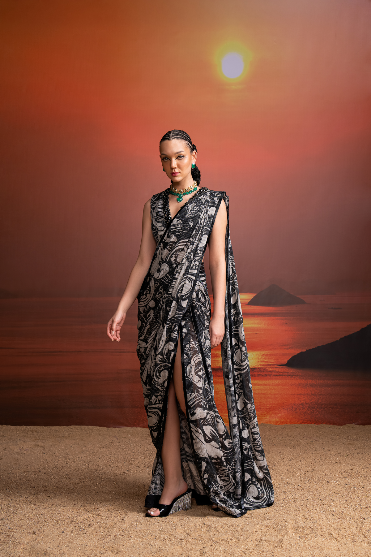 NOIR PRINTED EMBELLISHED DRAPED SAREE WITH BEADED HAND EMBROIDERED BLOUSE | Elegant Indian Traditional Outfit for Weddings, Parties & Festive Occasions
