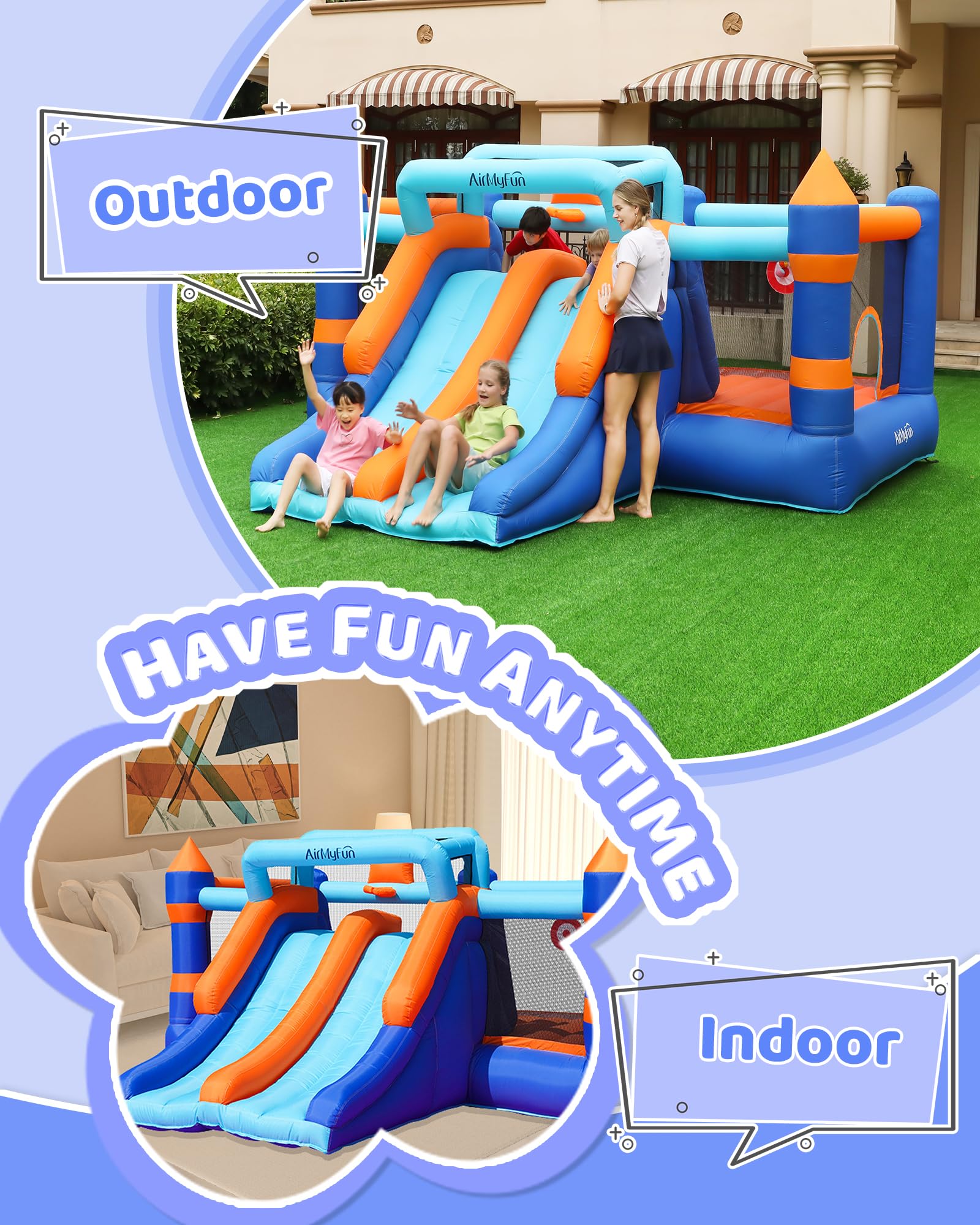 **AirMyFun Inflatable Bounce House with Double Slide & Basketball Hoop - Kids Indoor/Outdoor Jumping Castle for Backyard Parties, Birthday Events & Playtime Fun**