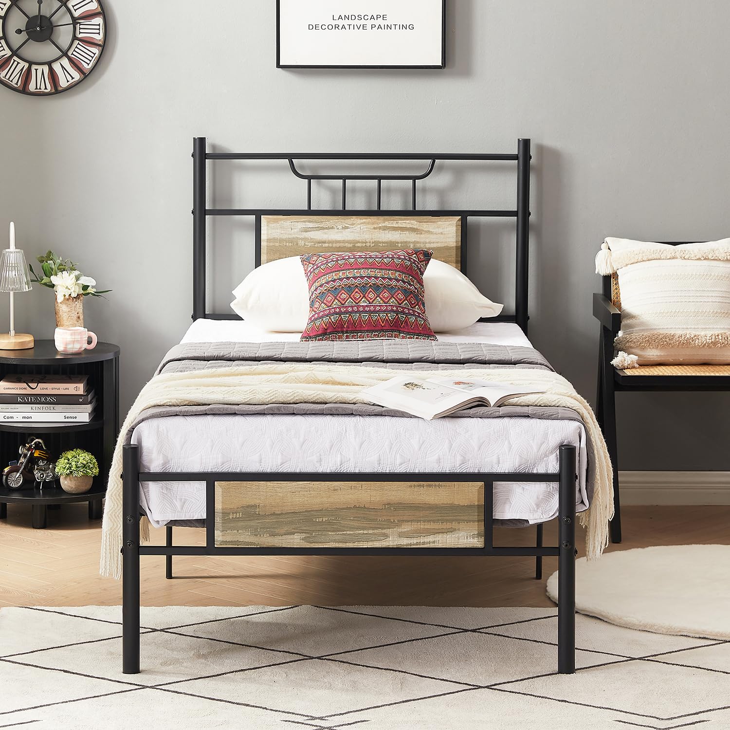 VECELO Twin Size Bed Frame with Wood Headboard - Sturdy Metal Slats Support, No Box Spring Needed, Easy Assembly, Slate Grey - Perfect for Kids Rooms, Guest Bedrooms & Small Spaces