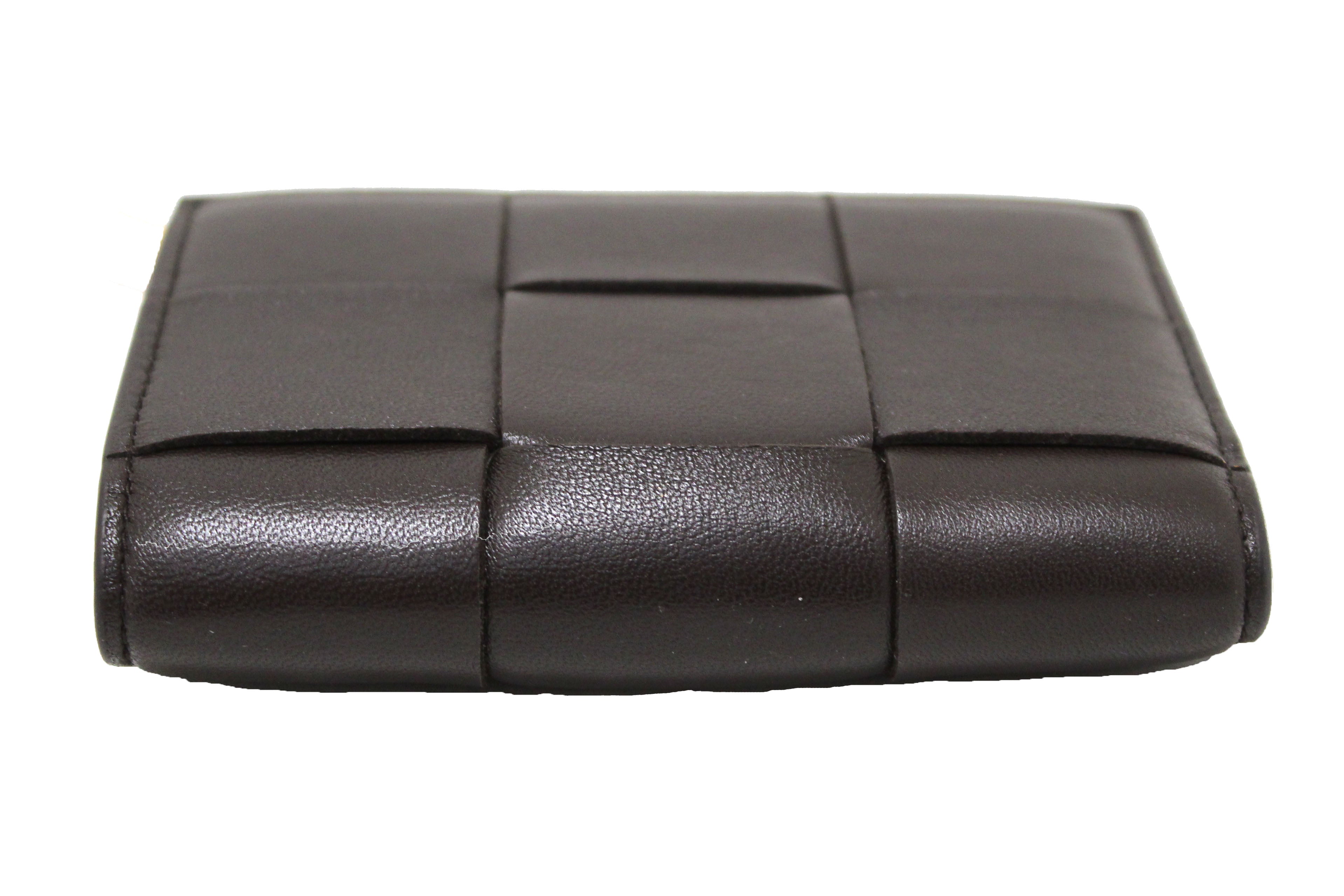 Authentic Bottega Veneta Brown Intreccio Leather Small Bi-Fold Zip Wallet for Men | Luxury Slim RFID Blocking Card Holder | Perfect for Travel, Business & Everyday Use