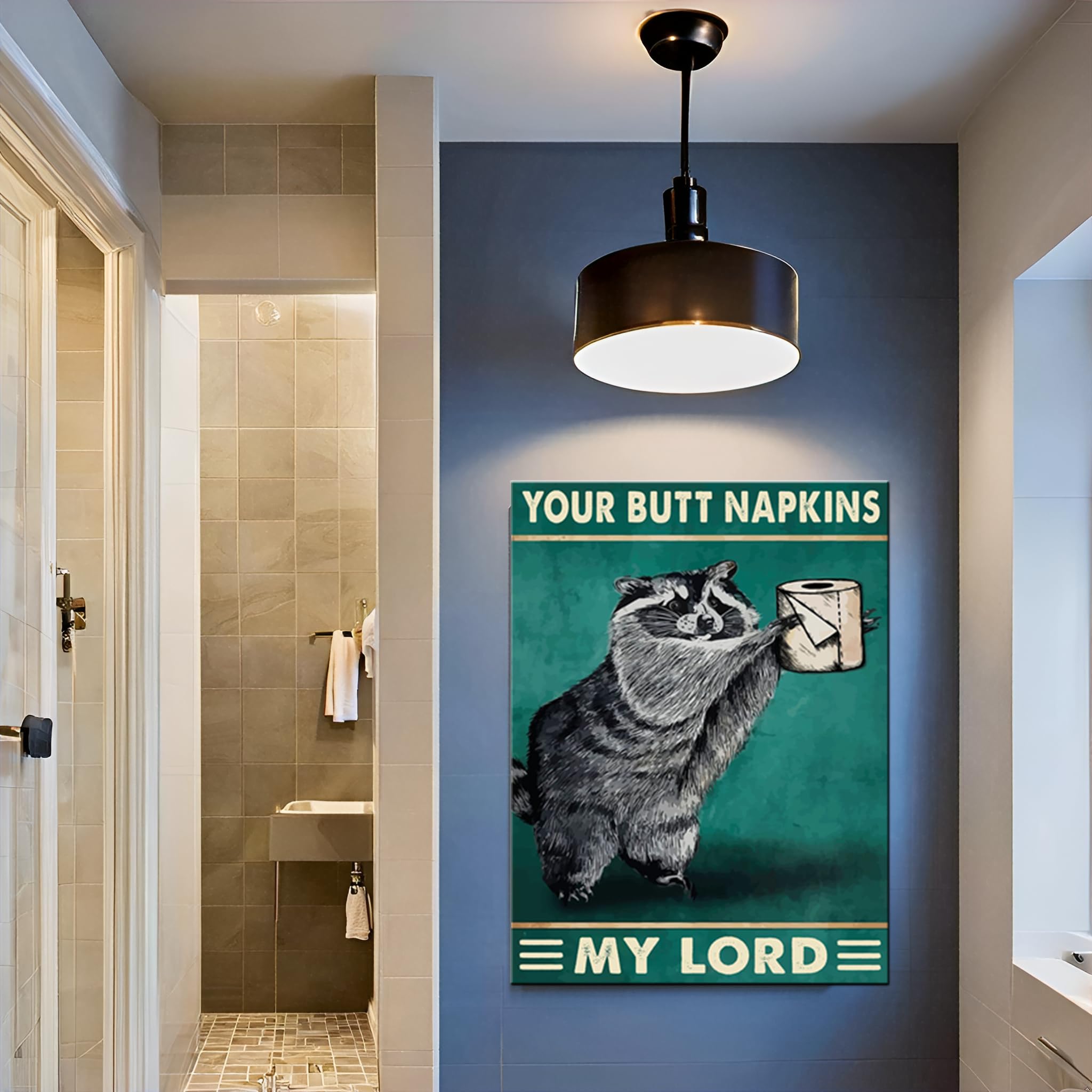 Funny Retro Raccoon Bathroom Wall Art - 'Your Butt Napkins My Lord' Canvas Print - 12x16 Inch Animal Decor for Home, Office & Gifts - Perfect for Bathrooms, Living Rooms & Funny Spaces
