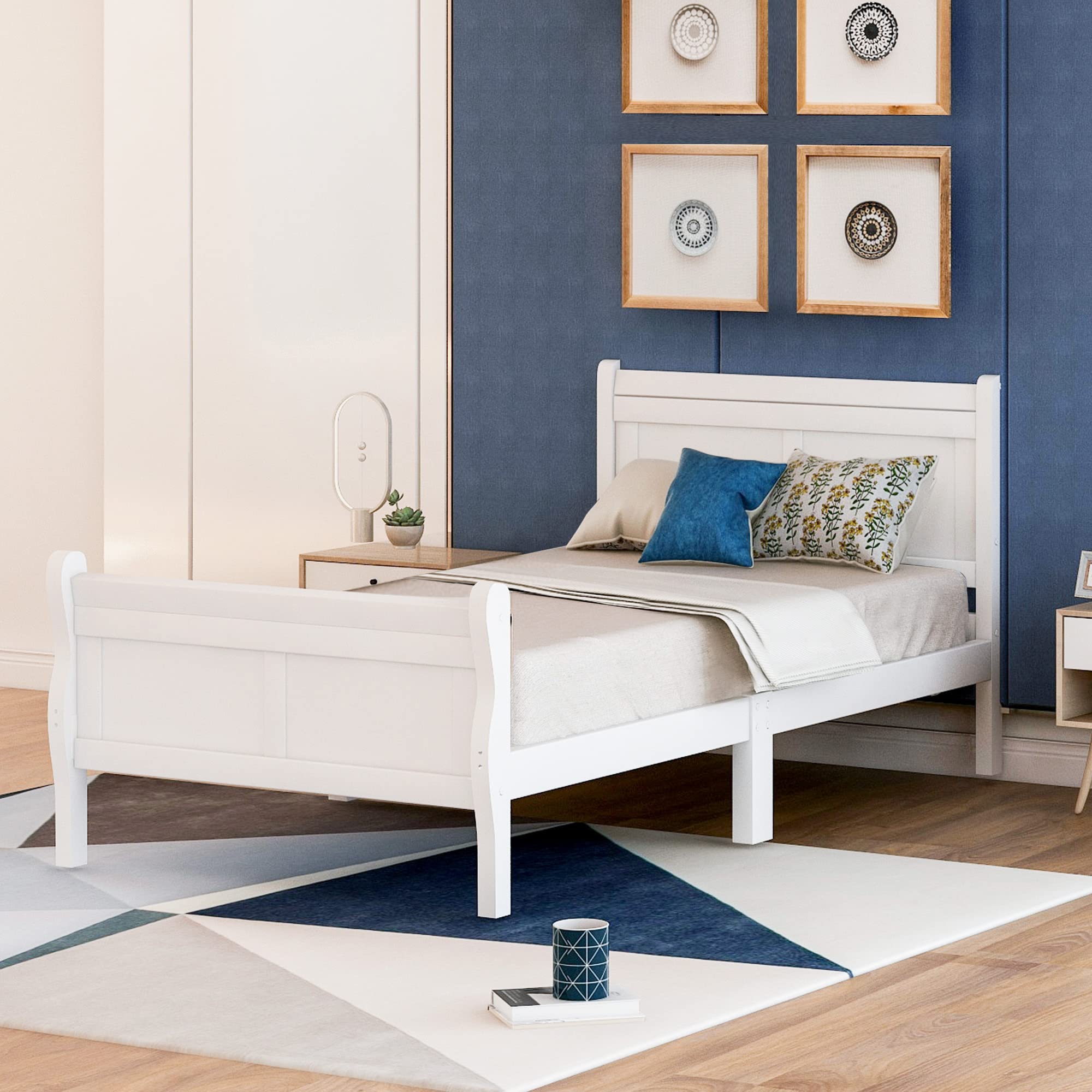 Merax White Wood Platform Twin Bed Frame with Headboard & Footboard - Sturdy Wood Slat Support, Mattress Foundation - Perfect for Kids' Rooms, Guest Bedrooms & Small Spaces