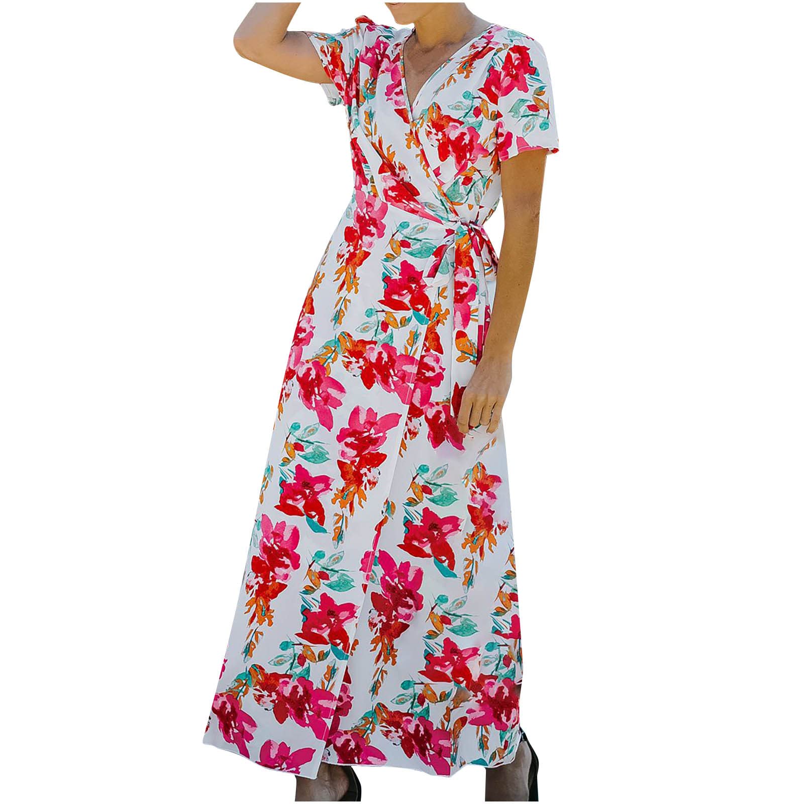 2022 Women's Summer Casual Floral Print Bandage Dress - Sexy Double V-Neck Short Sleeve Maxi Dress with Side Slit for Evening Party, Beach Vacation & Date Night | Style 09890