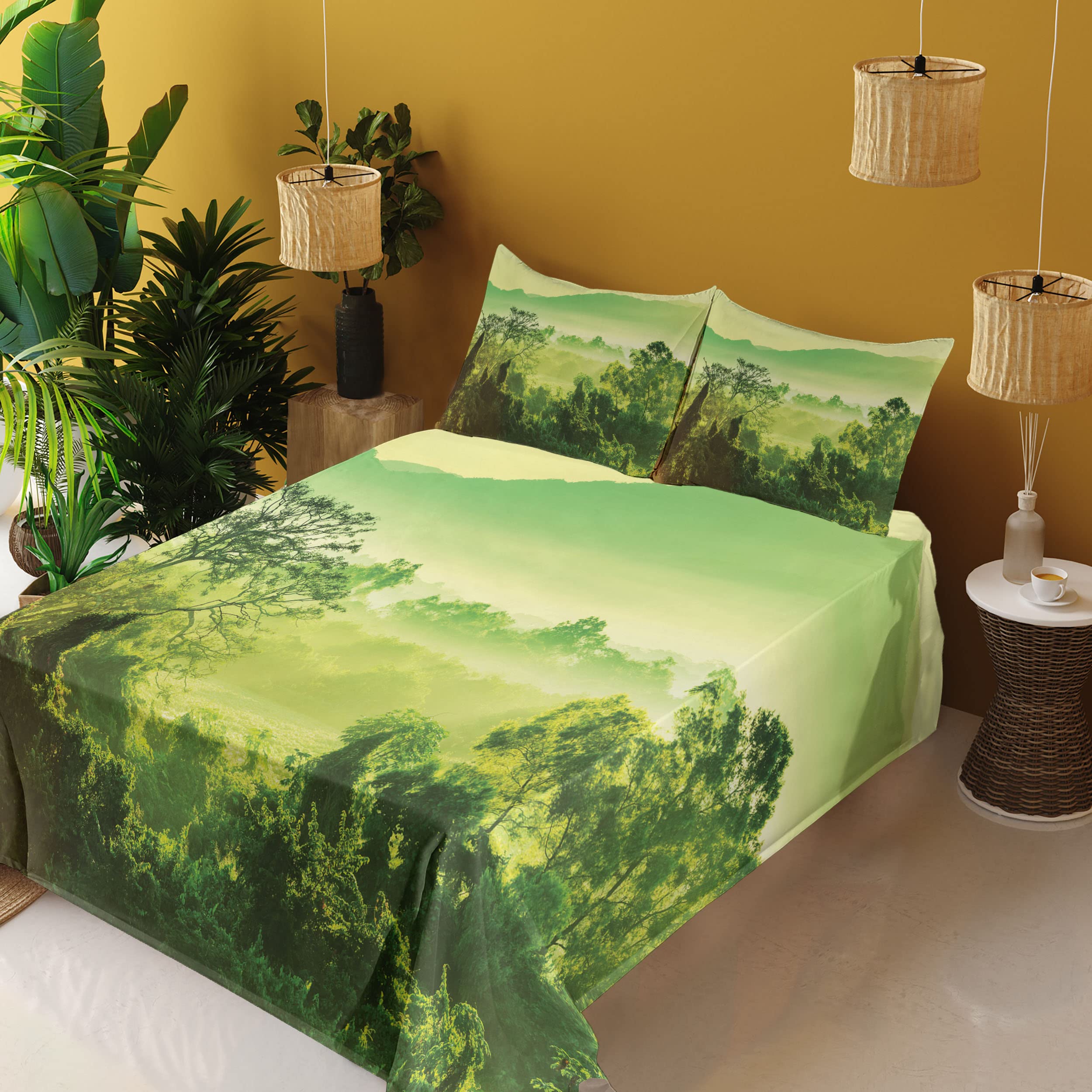Ambesonne King Size 4-Piece Sheet Set - Green Nature Landscape with Mountains & Trees, Fitted & Flat Sheets + Pillowcases - Lime & Yellow Green Bedding for Master Bedroom, Guest Room, or Vacation Home