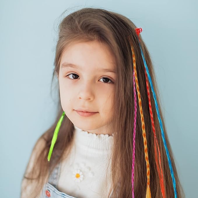 AKADO Kids Hair Extensions with Clips - 12PC Rainbow Braided Hair Extensions for Girls | Fashion Hair Accessories & Bobby Pins | Perfect for Parties, Performances, Halloween & Cosplay