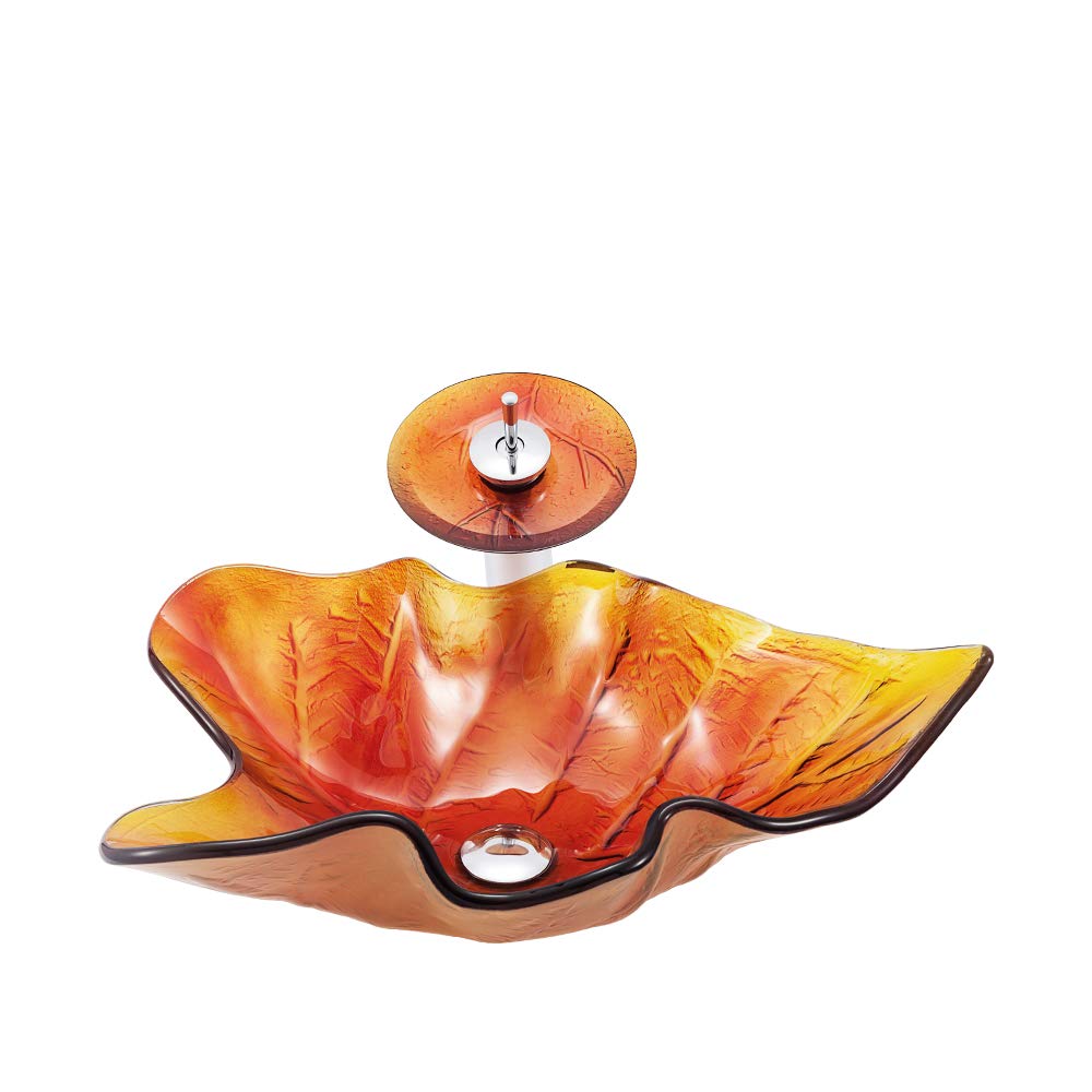 Modern Maple Leaf Shaped Tempered Glass Bathroom Vessel Sink with Waterfall Faucet - Countertop Installation, Artistic Vanity Sink with Pop-Up Drain (Orange) - Perfect for Contemporary Bathrooms, Spa Retreats & Luxury Home Decor