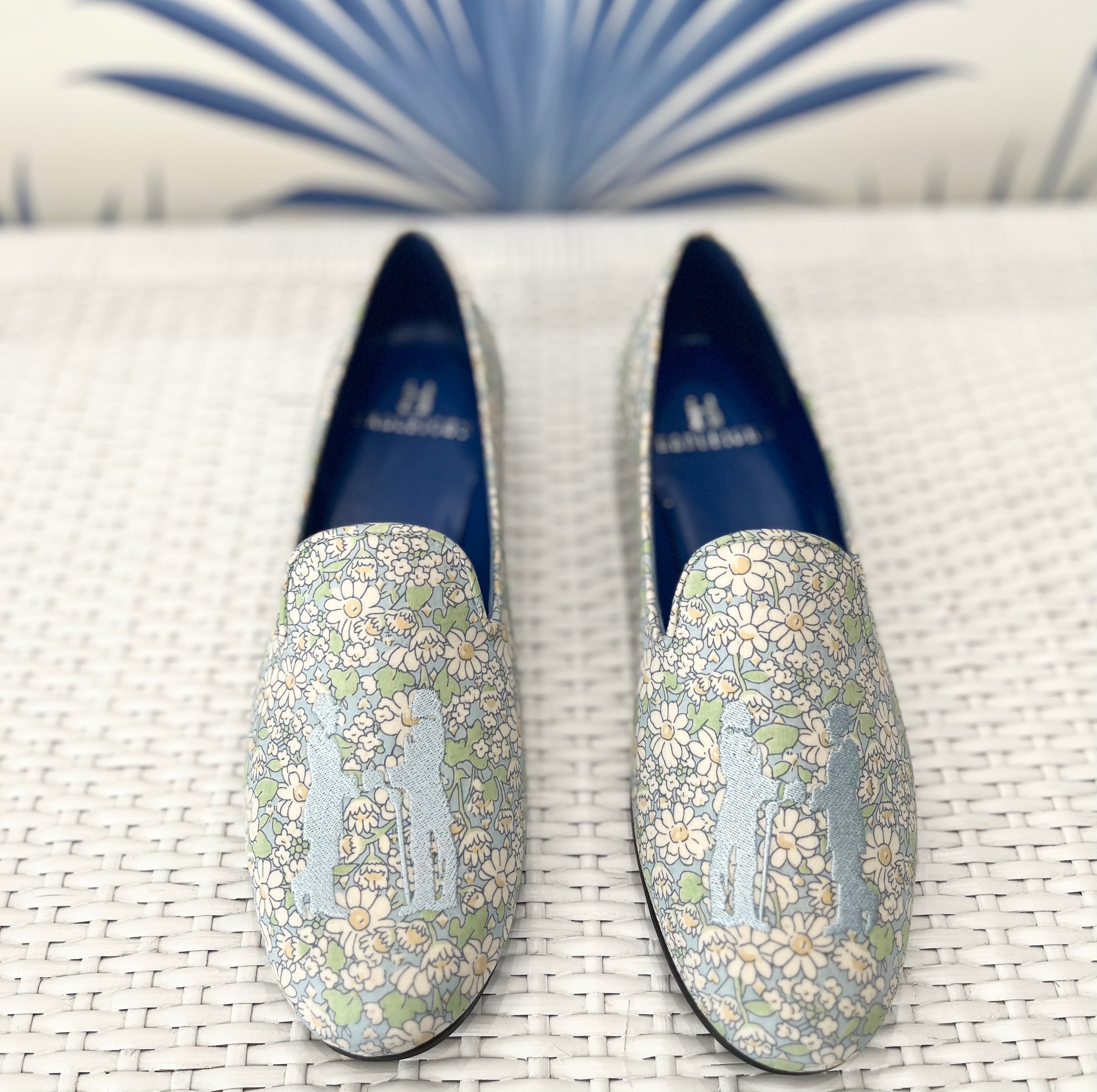 Liberty Daisy Print Slippers with Baby Blue Logo - Cozy House Shoes for Women, Indoor & Outdoor Comfort, Perfect for Relaxing at Home or Quick Errands