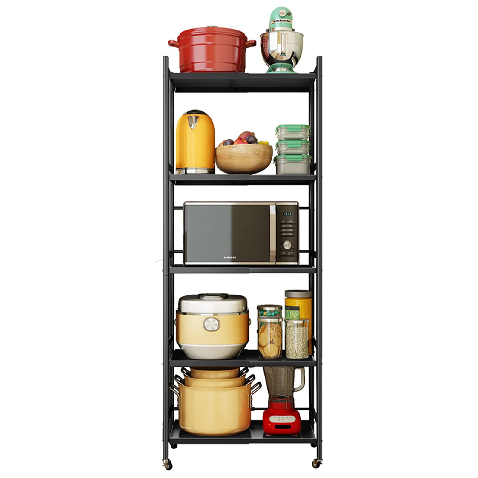 5-Tier Metal Storage Shelf Organizer - Adjustable Height & Width Freestanding Kitchen Baker’s Rack with Wheels - Multipurpose Utility Cart for Living Room, Office, Pantry, Garage & Laundry Room Organization