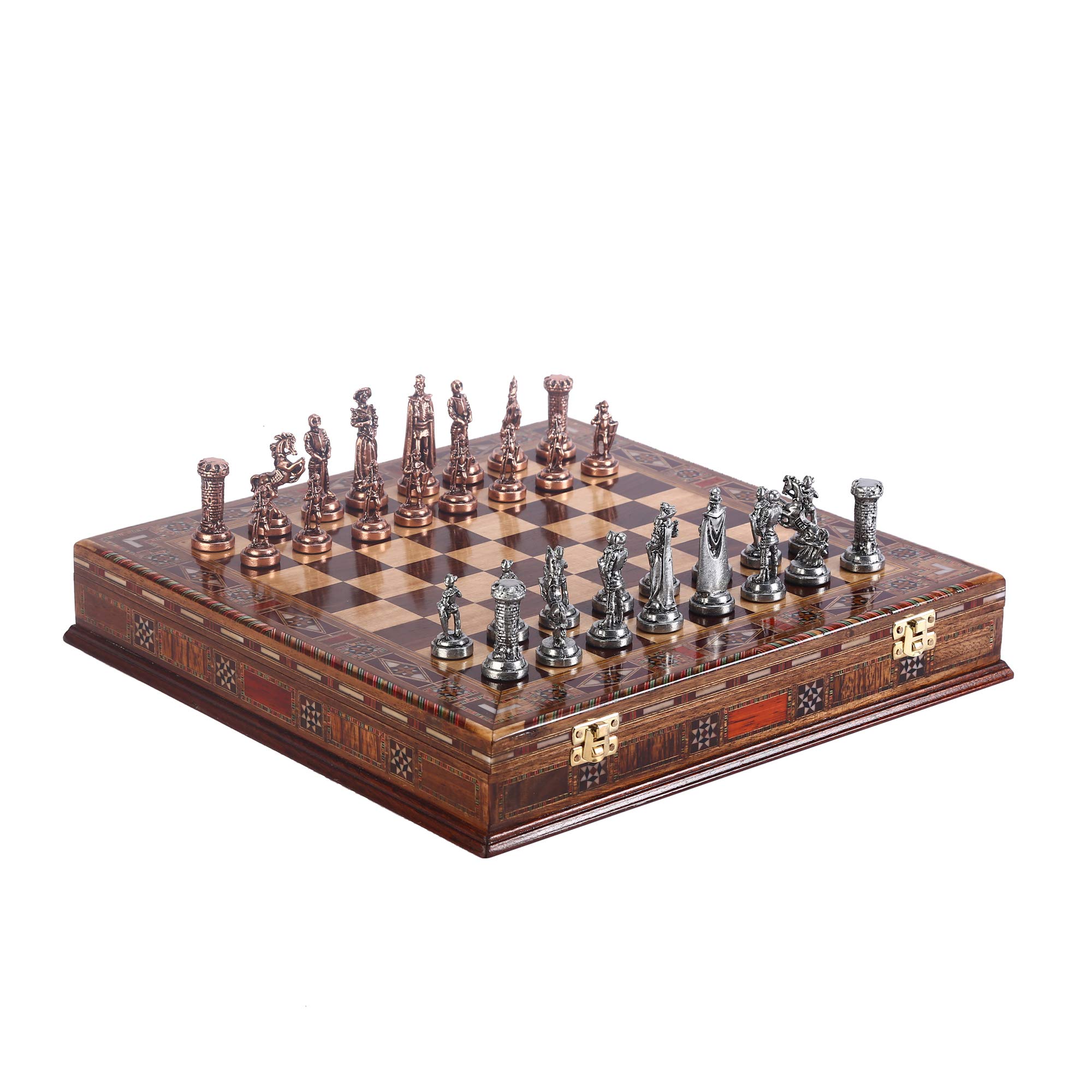 Handmade Medieval British Army Antique Copper Chess Set for Adults with Natural Solid Wooden Board & Pearl Inlay - 2.75