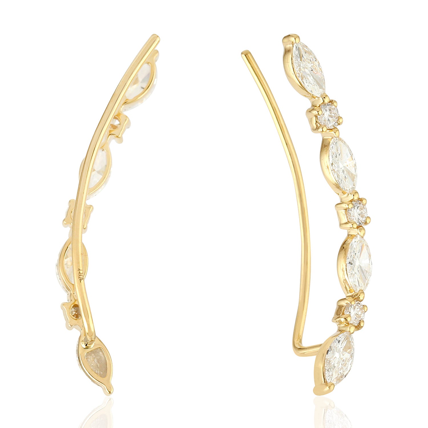 18K Yellow Gold Marquise Cut Diamond Ear Climber Earrings – Elegant Designer Ear Cuffs for Parties, Weddings & Special Occasions