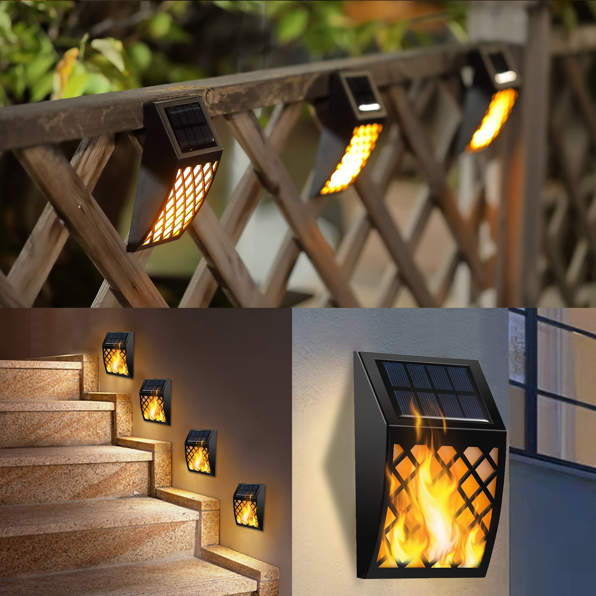 Dynaming Solar Flame Lights Outdoor - 4 Pack Solar Powered Flickering Flame Wall Lights with Auto On/Off - Waterproof Decorative Lighting for Fence, Deck, Garden, Pathway, Patio, Porch & Yard - Perfect for Halloween, Christmas & Outdoor Parties