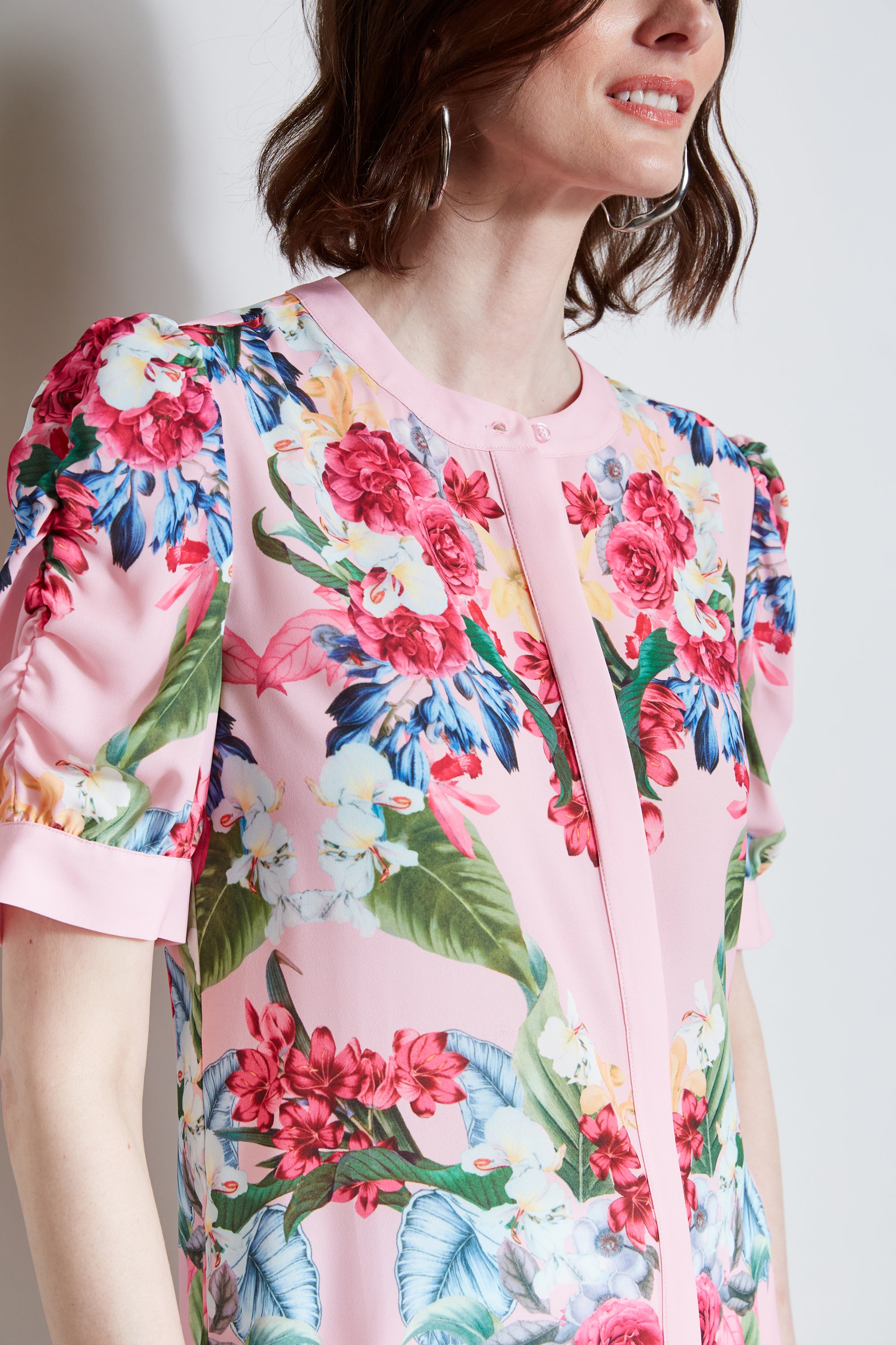 Tahari Rose Print Puff Shoulder Blouse - Women's Floral Embroidered Elegant Top for Work, Party & Date Night