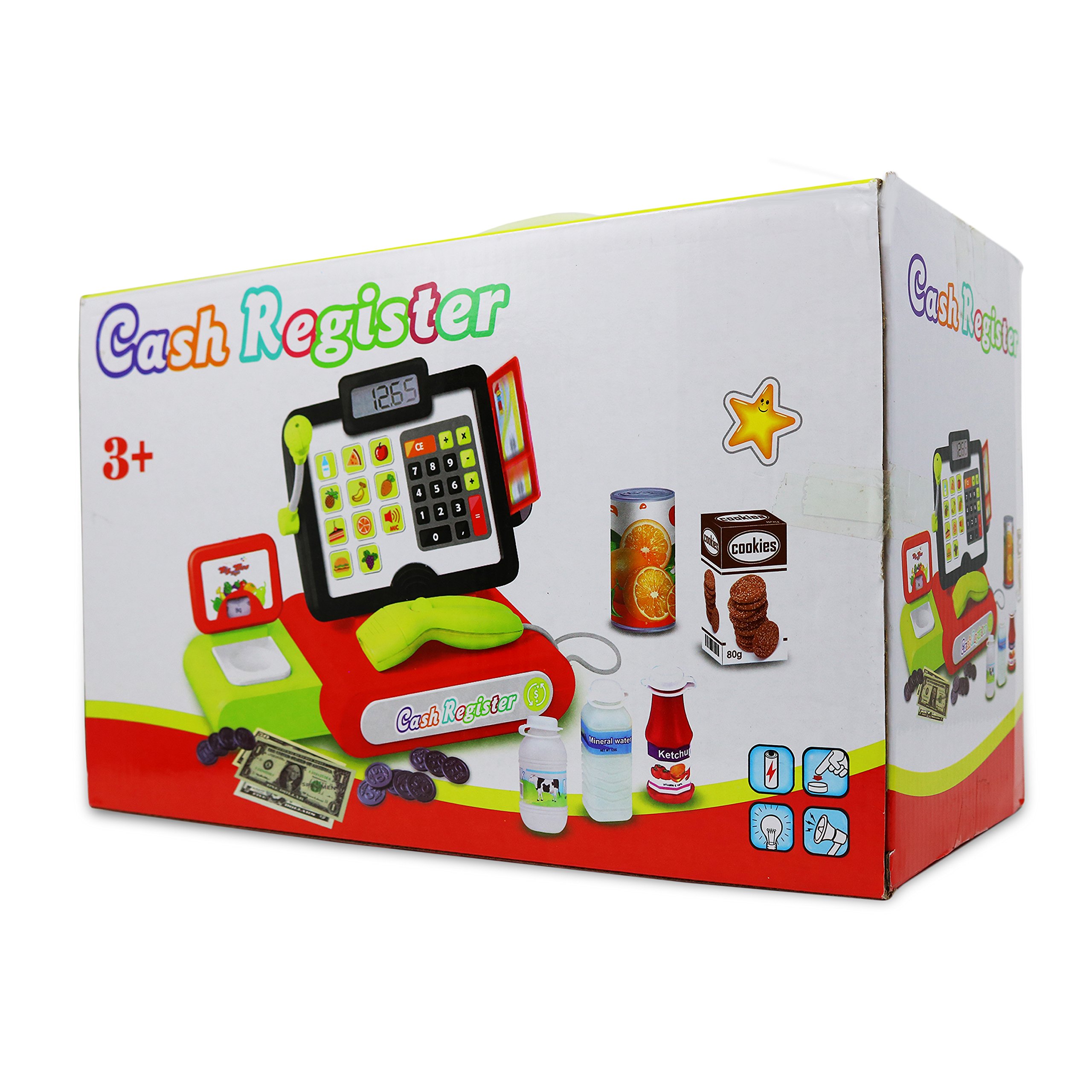 Big Mo's Toys Cash Register Play Set for Kids - 27 Piece Pretend Play Grocery Store Supermarket Toy with Fake Money, Play Food, Electronic Lights & Sounds | Educational Role Play Toy for Preschool Learning & Family Fun