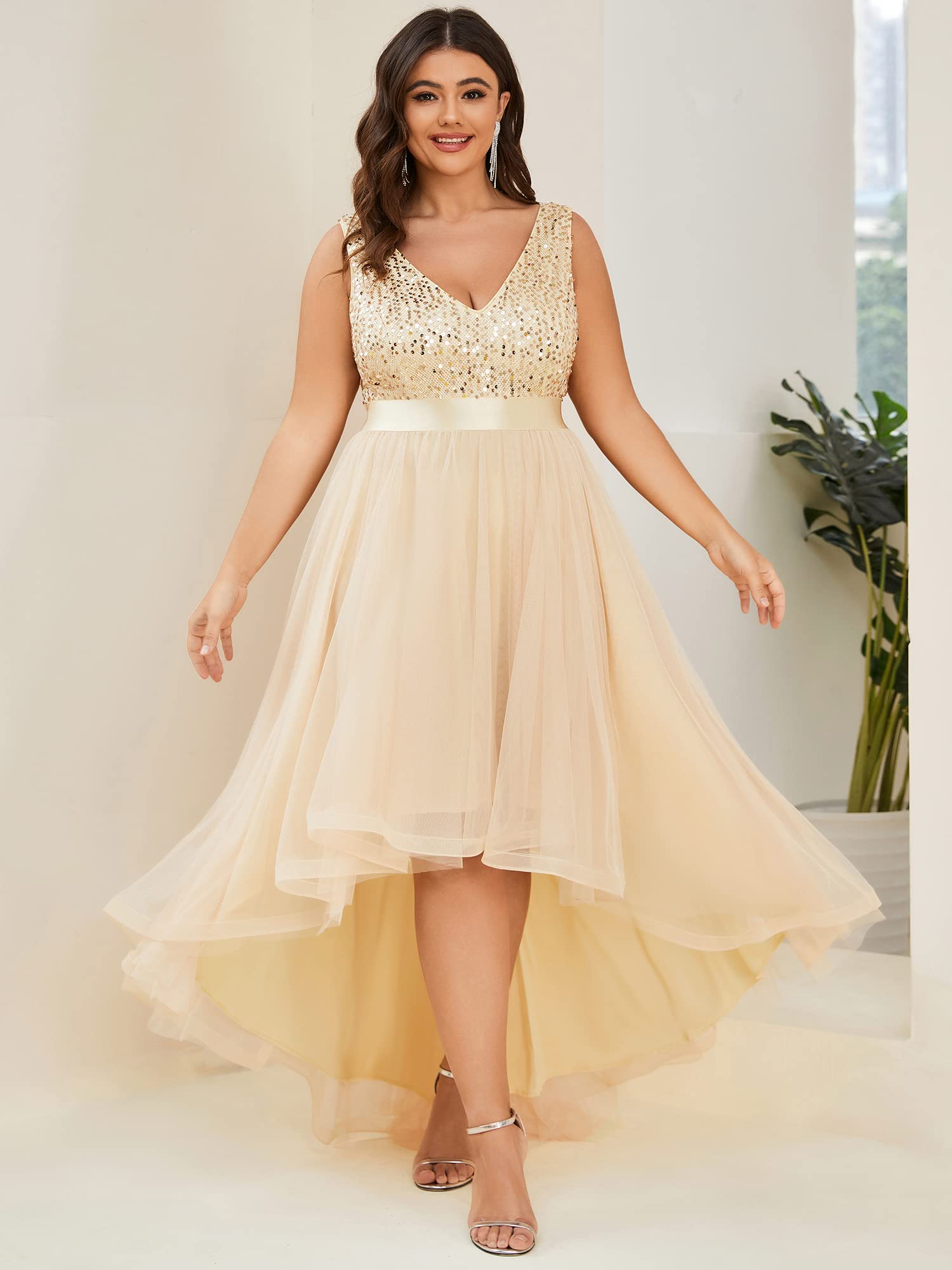 Ever-Pretty Women's Double V-Neck A-Line High-Low Sequin Tulle Plus Size Formal Dress for Curvy Women 0147A-DA | Elegant Evening Gown for Prom, Wedding Guest, Cocktail Party & Special Occasions