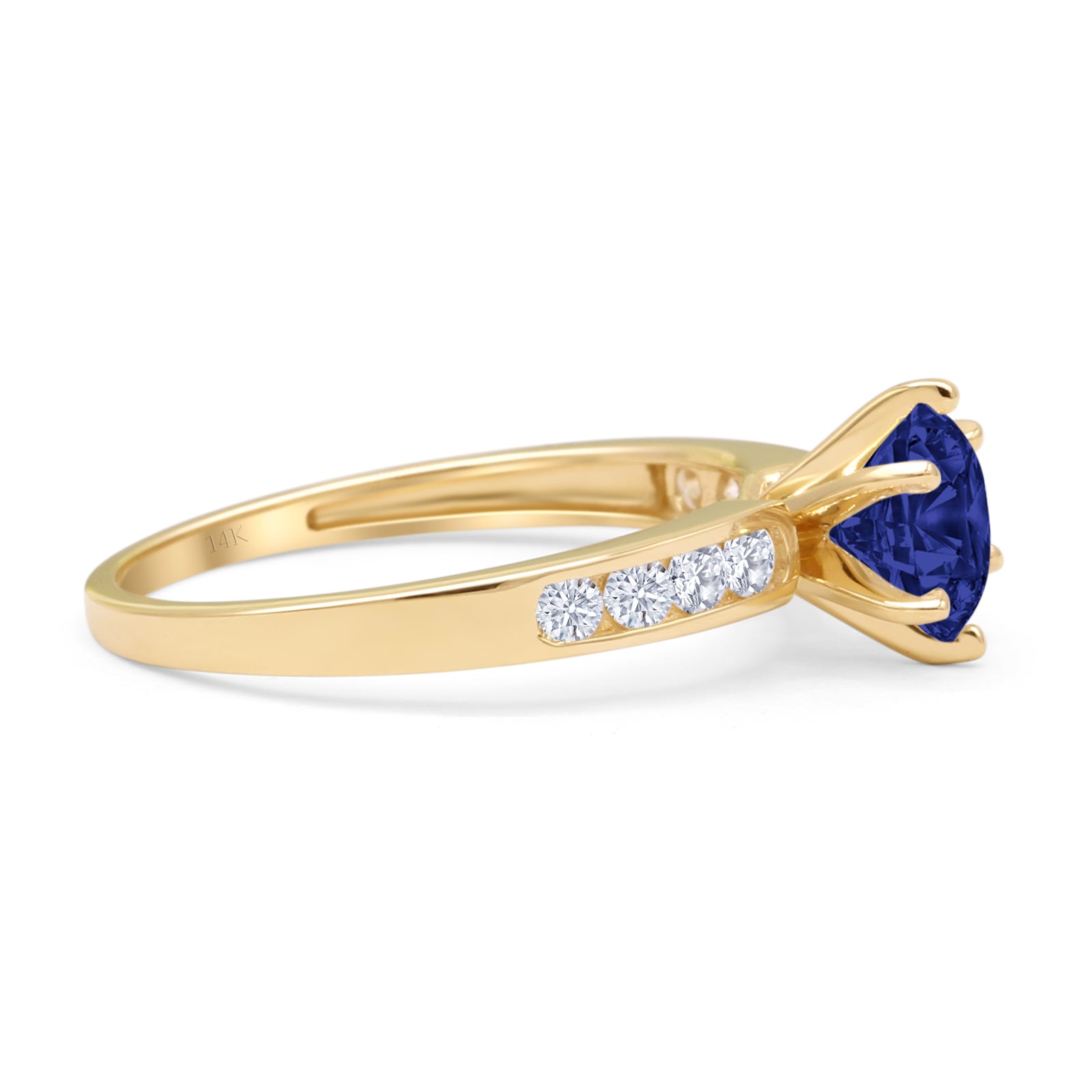 14K Yellow Gold Round Blue Sapphire & CZ Cathedral Engagement Ring for Women - Elegant Wedding, Promise, Anniversary Jewelry Gift