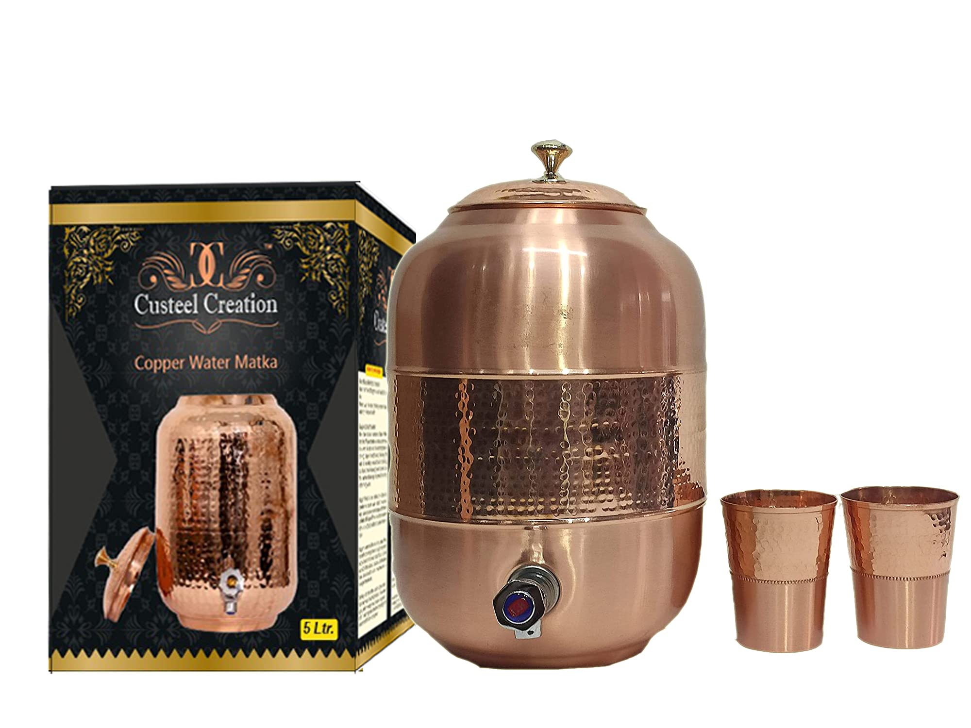Handcrafted Hammered Copper Water Dispenser with Storage Tank & 2 Glasses - Traditional Fiber Design - Perfect for Home, Office & Outdoor Use