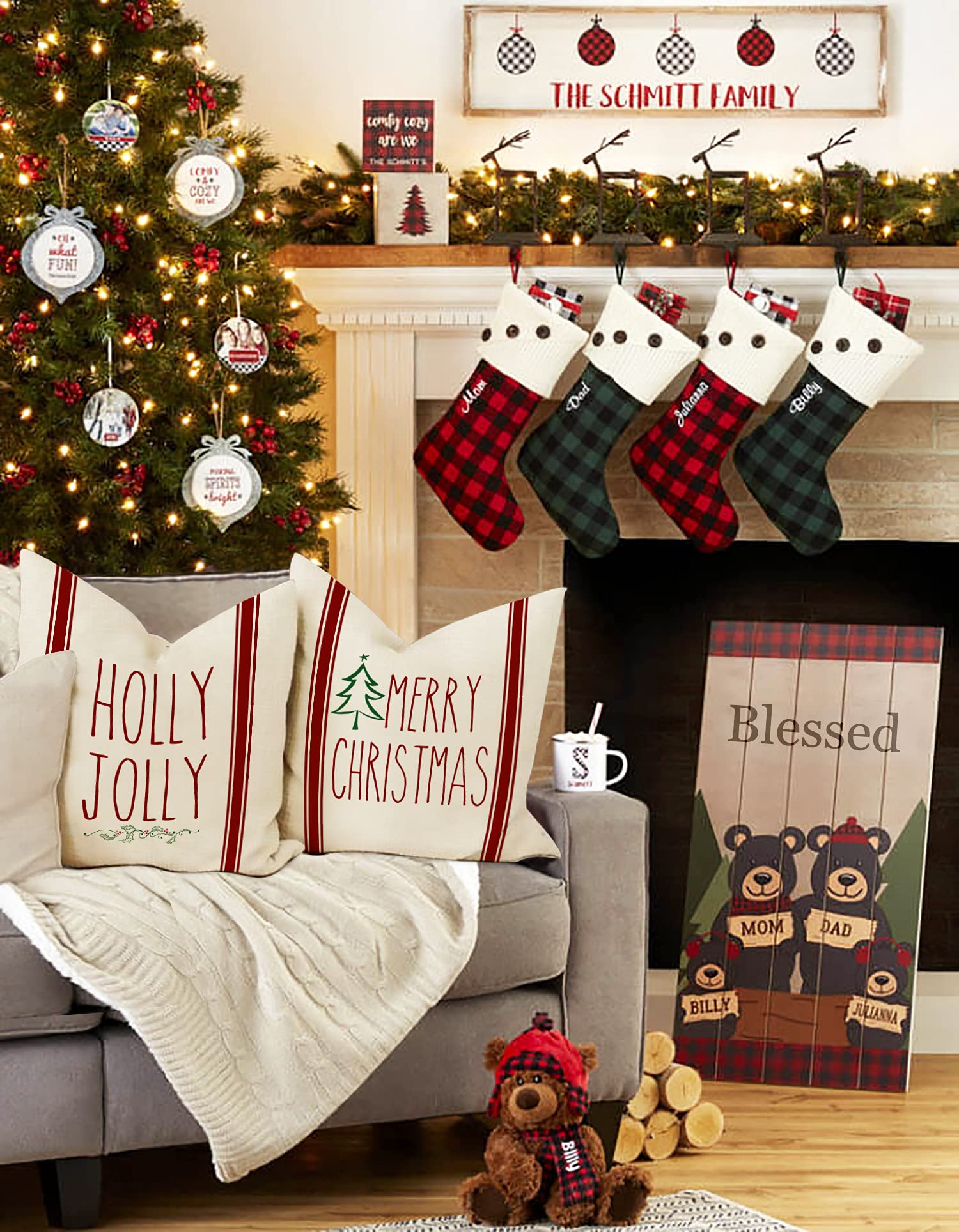 Buffalo Plaid Christmas Pillow Covers Set of 4 - 18x18 Inch Farmhouse Holiday Decor with Mistletoe & Holly Design - Rustic Winter Throw Pillow Cases for Couch, Sofa & Bedroom Decor (Red)