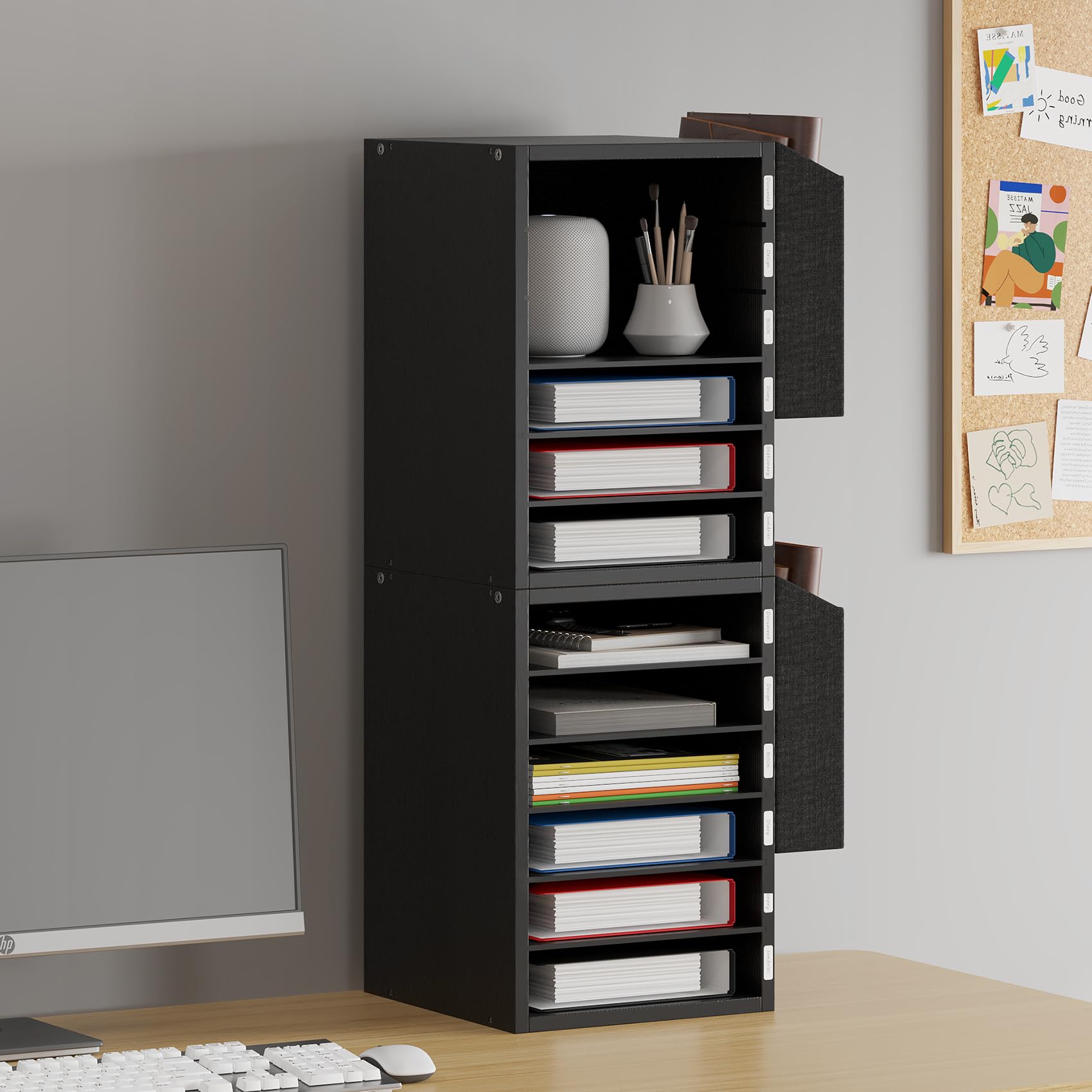 6-Tier Adjustable Wooden Mail Sorter with Name Slots - Black Literature Organizer, Office Desk File Storage, Teacher Classroom Mailbox - Perfect for Home Office, School, and Mail Organization