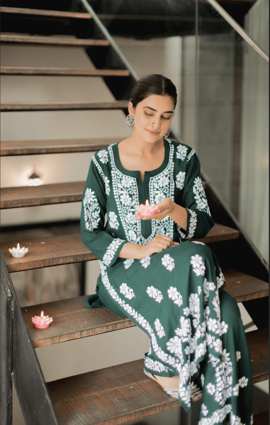 Premium Hand Embroidered Chikankari Co-Ord Set in Green | Traditional Indian Kurta & Palazzo Set | Perfect for Festivals, Weddings & Ethnic Parties