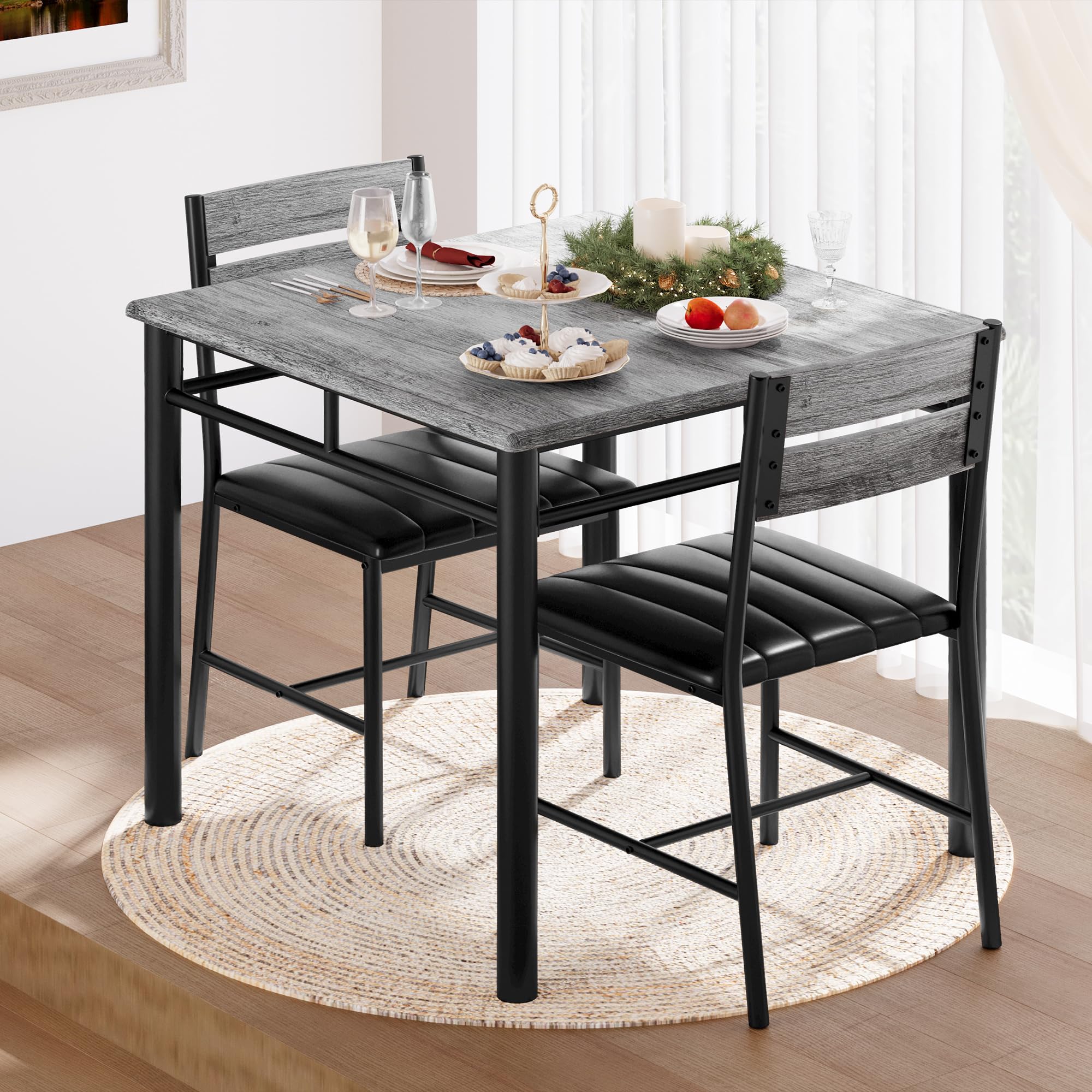 IRONCK 2-Person Dining Table Set with Upholstered Chairs - Compact Kitchen Table for Small Spaces, Gray - Perfect for Apartments, Breakfast Nooks & Cozy Dining Rooms