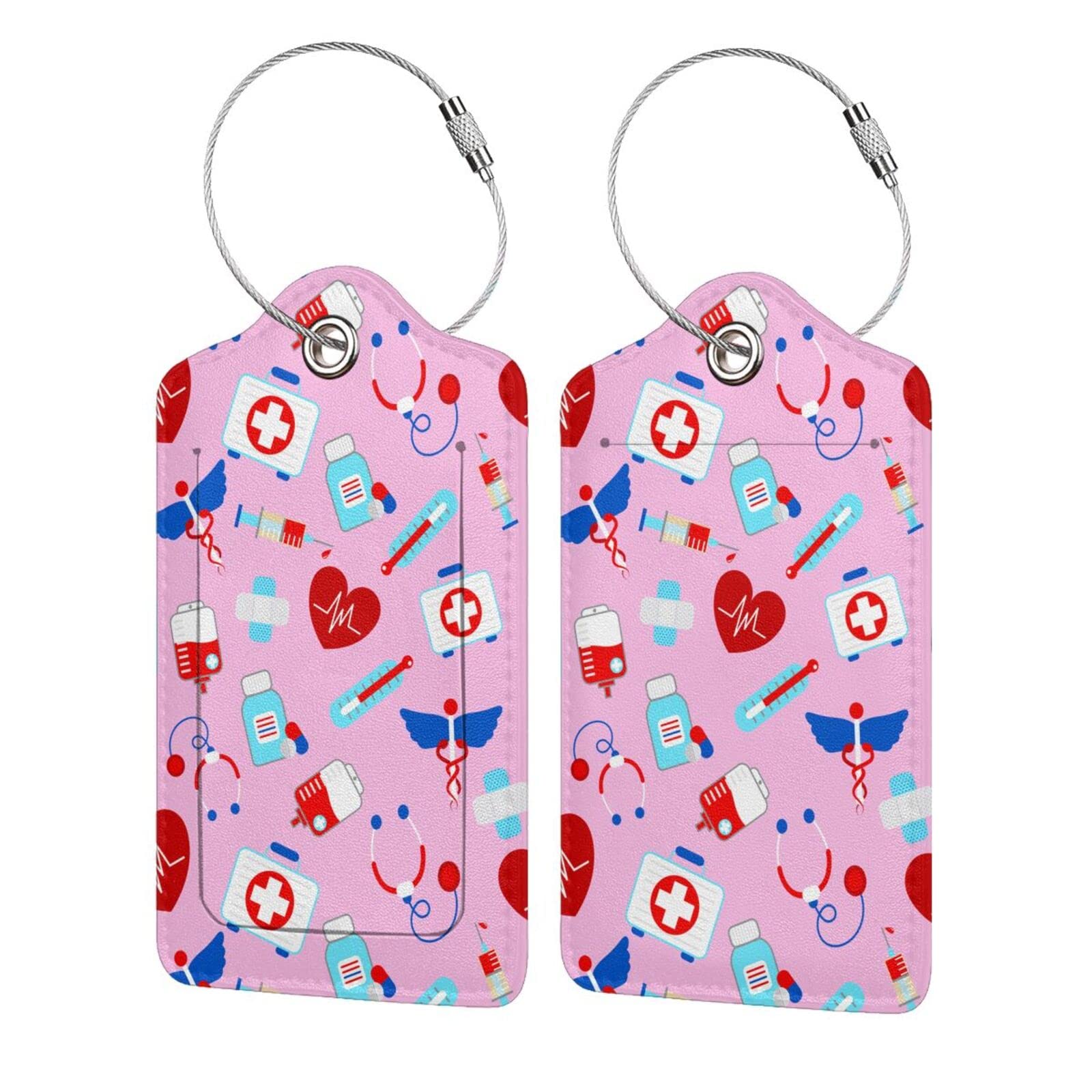 2 Pack Pink PU Leather Luggage Tags with Stainless Steel Loop - Privacy Cover ID Label for Suitcases - Stylish Travel Accessories for Women, Men & Kids - Perfect for Airports, Cruises and Business Trips