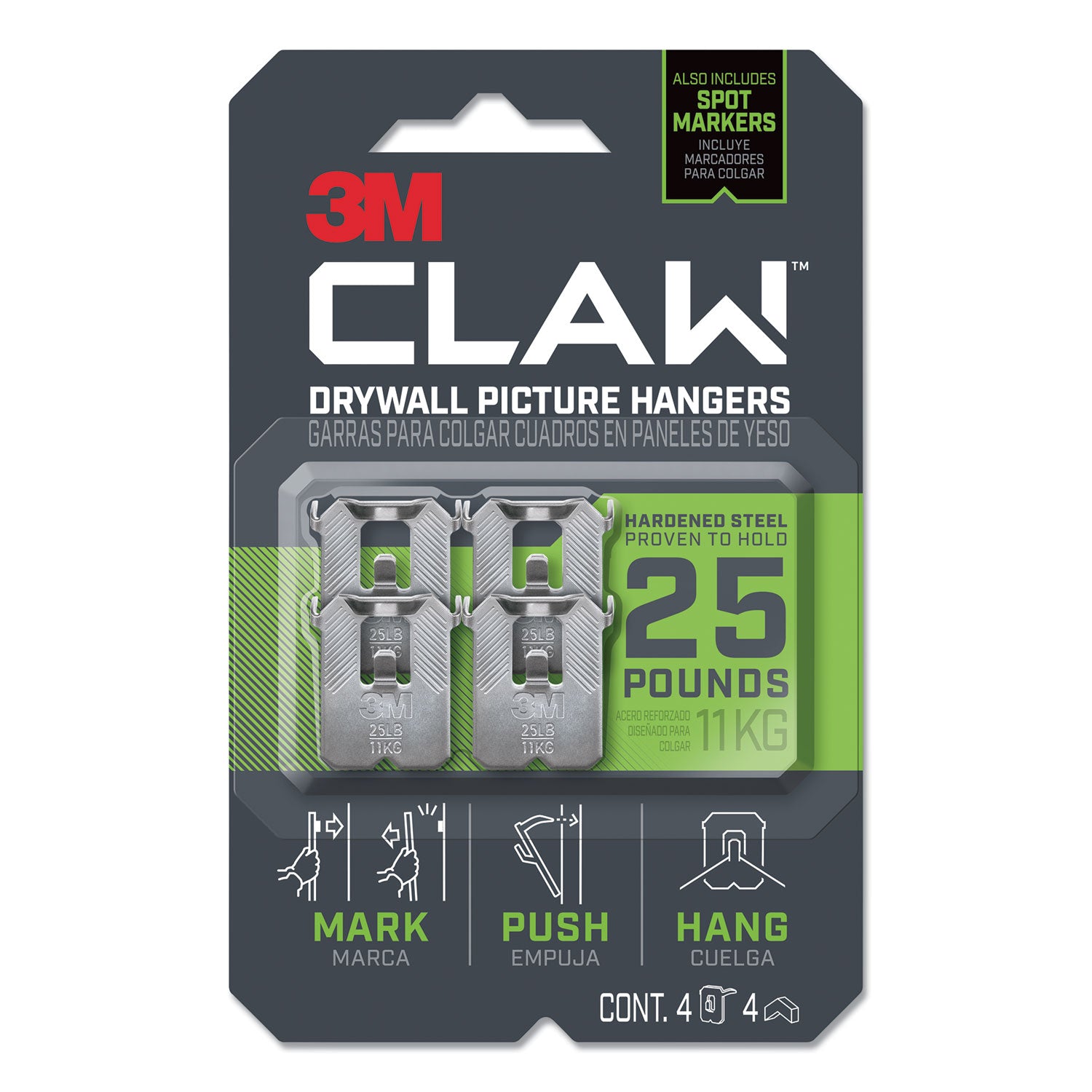 3M™ Claw Drywall Picture Hanger - Stainless Steel Hooks with 25 lb Weight Capacity - Includes 4 Hooks & 4 Spot Markers - Perfect for Hanging Frames, Mirrors & Home Decor Without Nails