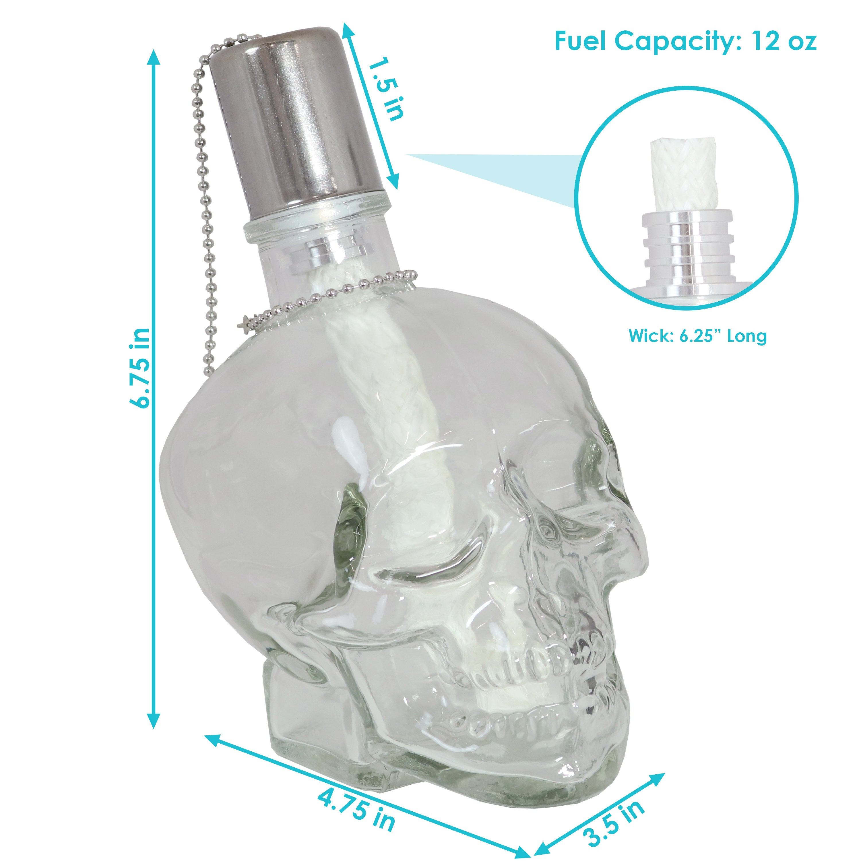 Sunnydaze Grinning Skull Glass Tabletop Torches - Black & Clear Outdoor Decor for Halloween, Patio & Garden Parties