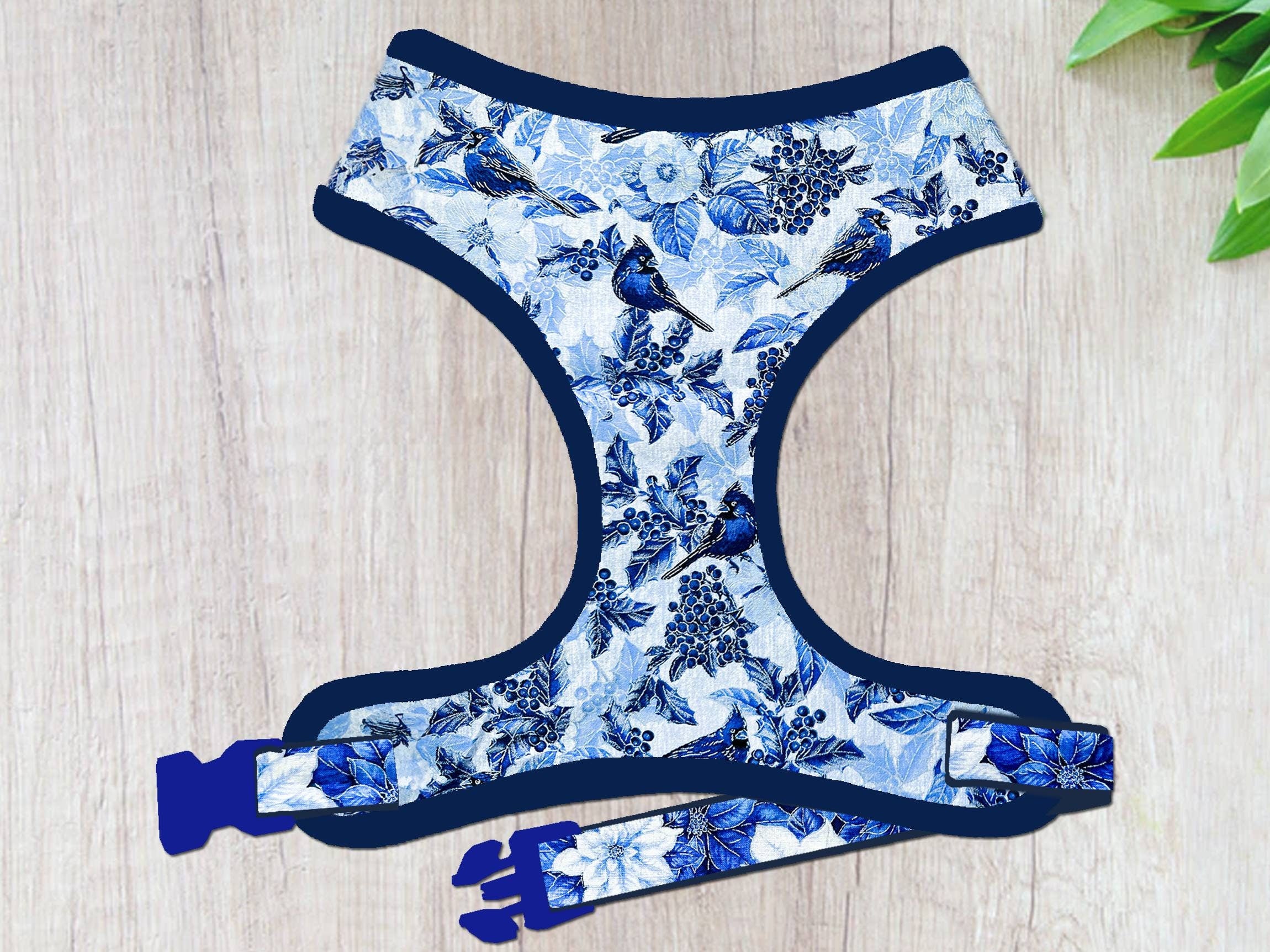 Christmas Dog Harness with Blue Bird & Poinsettia Design - Festive Pet Accessory for Holiday Walks & Photos