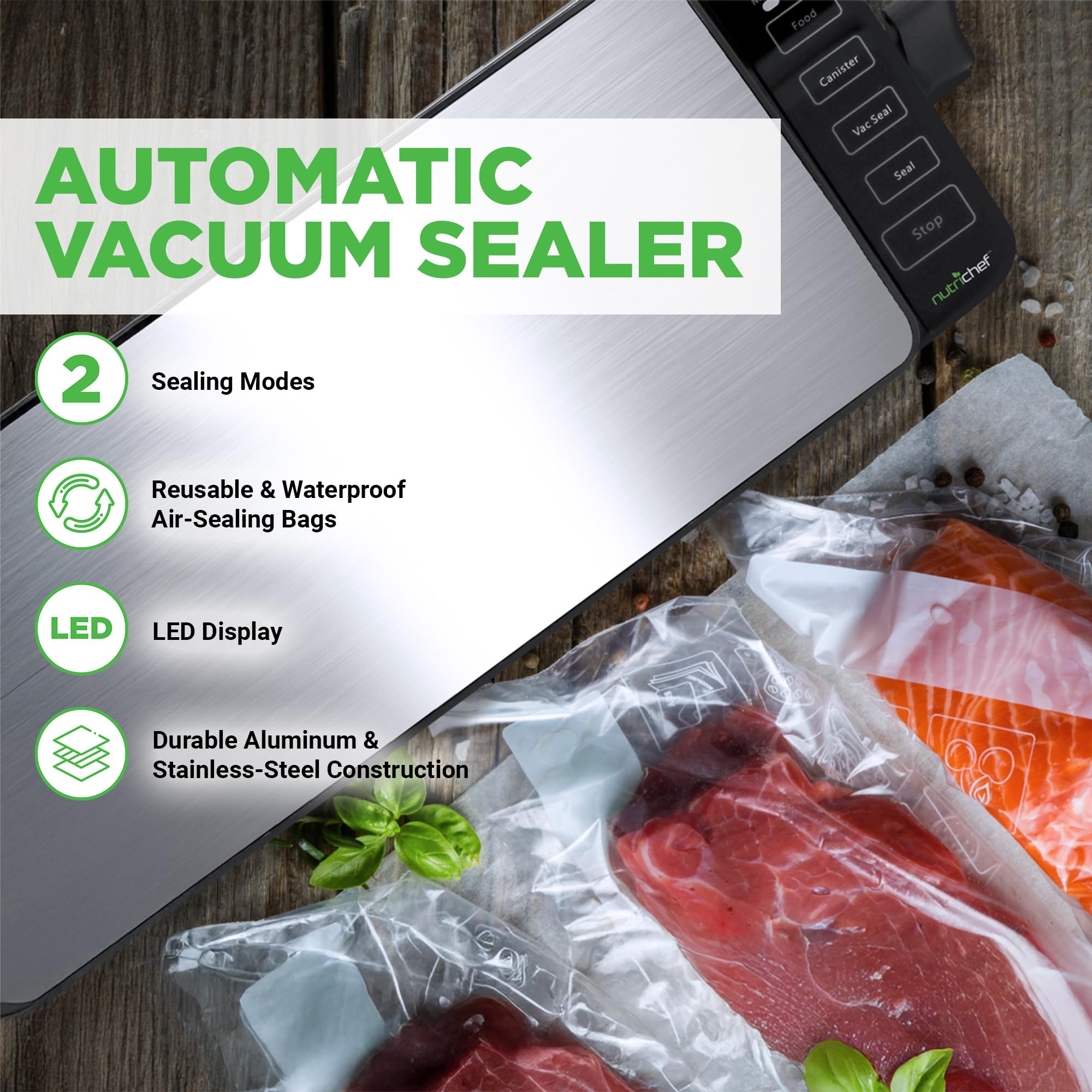 NutriChef PKVS35STS 110W Automatic Food Vacuum Sealer Machine with 2 Seal Modes - Stainless Steel Vacuum Sealer for Meat, Sous Vide, Meal Prep & Food Preservation - Includes Vacuum Roll Bags & Air Hose - Perfect for Kitchen, Camping & Bulk Food Storage
