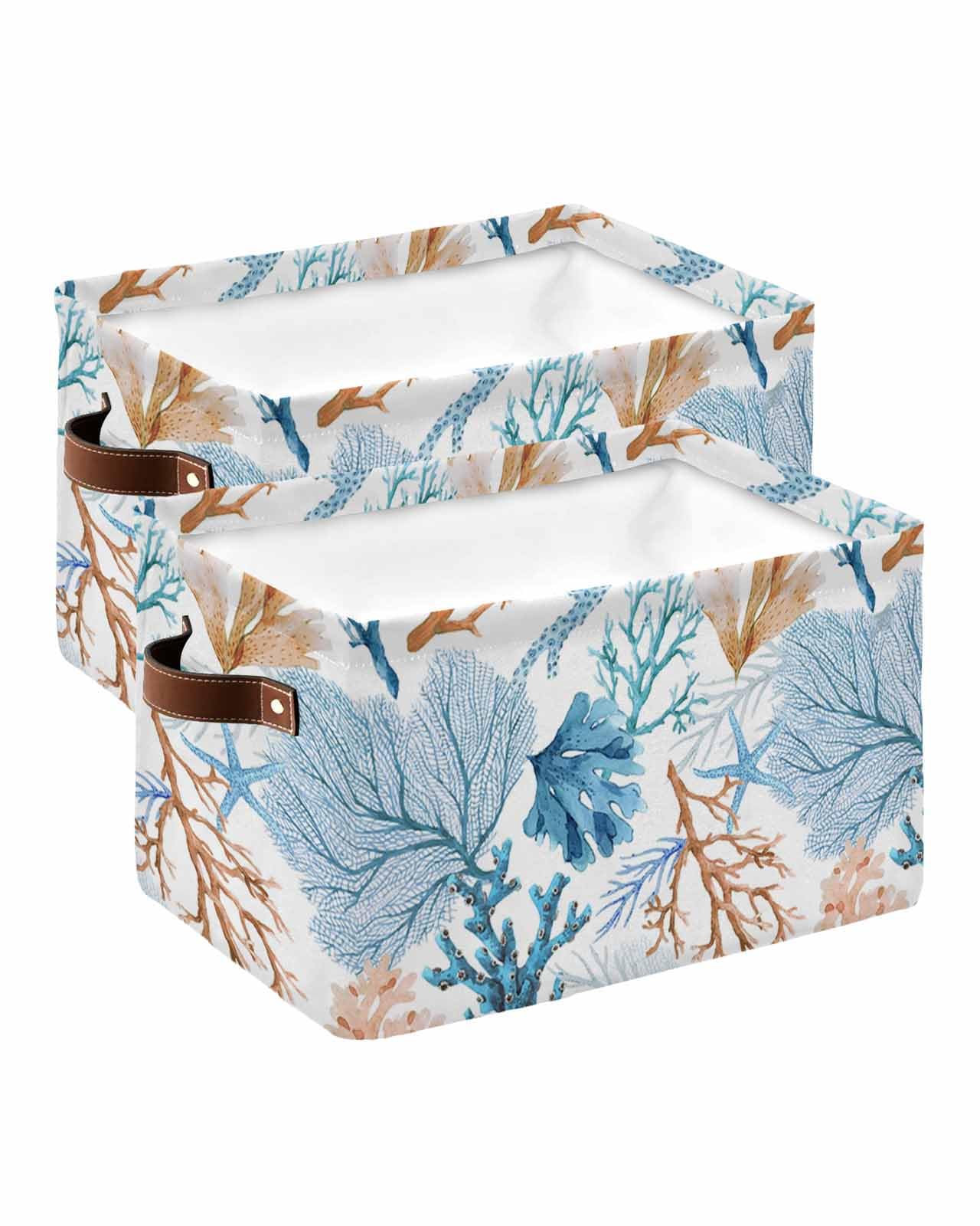 Large Collapsible Storage Bins with Handles - Summer Ocean Blue Coral Seamless Storage Baskets, Starfish Marine Life Cube Organizers for Shelves, Closet, Nursery | Perfect for Home Organization, Kids' Room & Beach-Themed Decor