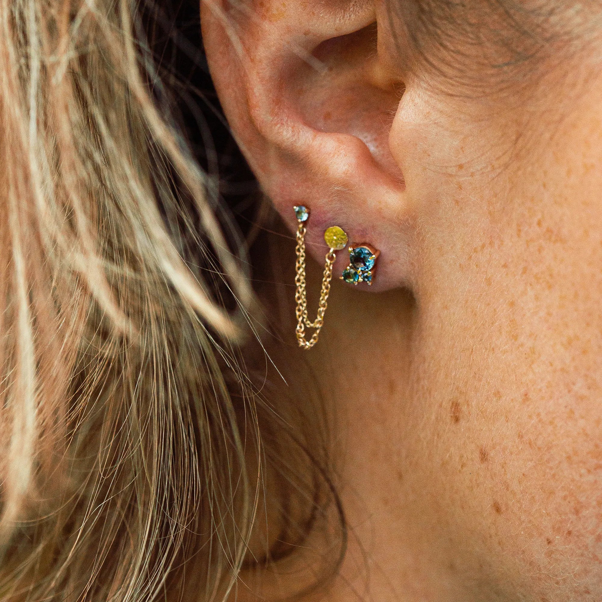 14K Yellow Gold Blue Sapphire Tie-Dye Moonchild Ombre Earrings – Elegant Boho Jewelry for Women, Perfect for Weddings, Parties & Everyday Wear