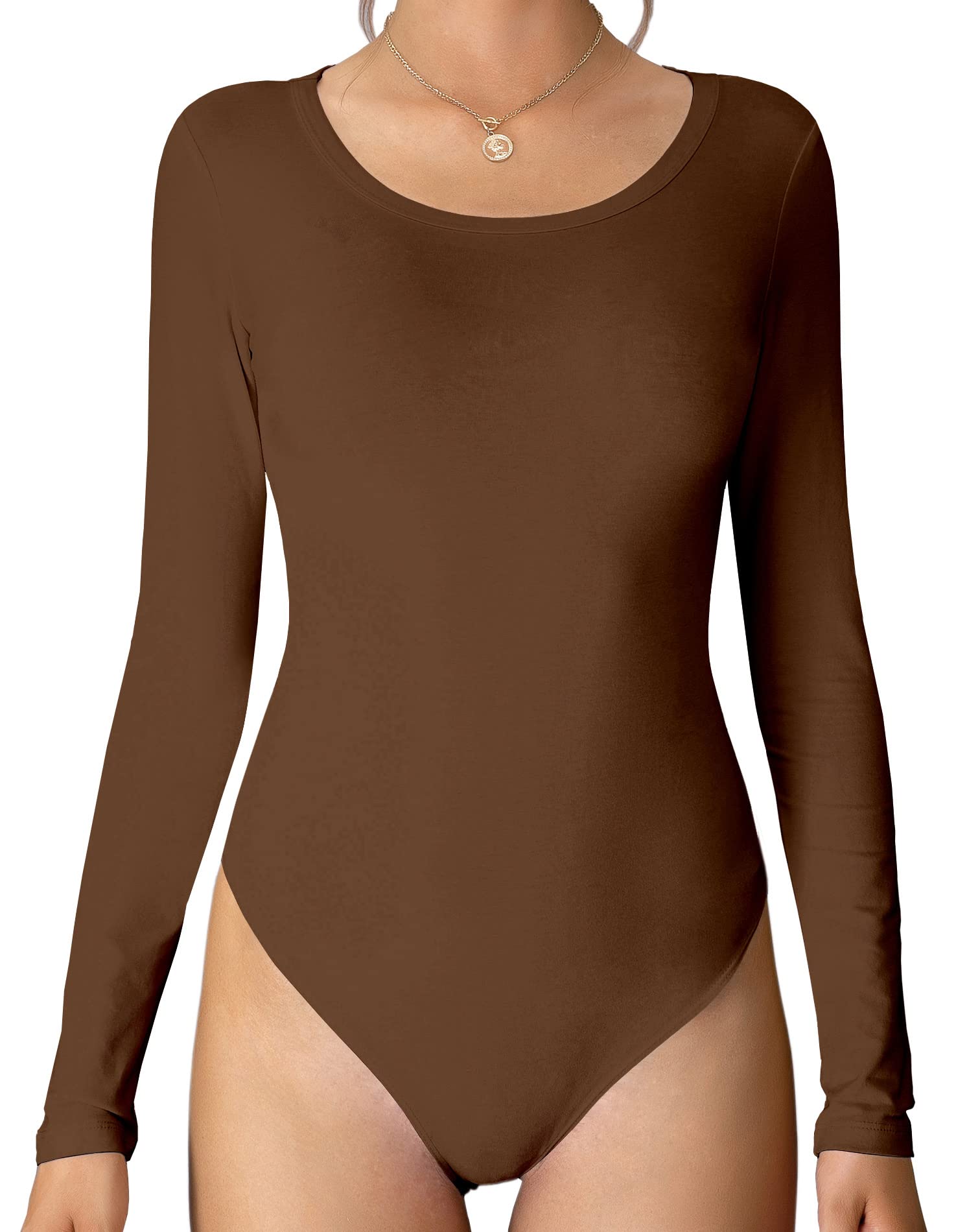 MANGDIUP Women's Basic Stretch Cotton Long Sleeve Crewneck Bodysuit Jumpsuit Tops - Perfect for Casual Wear, Layering & Everyday Outfits