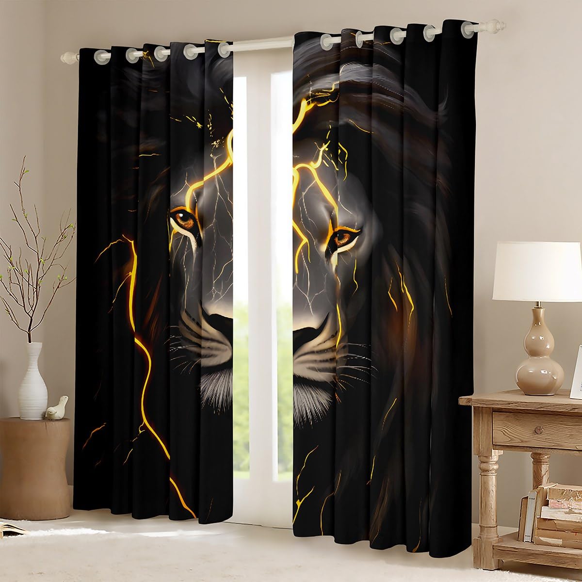 Gold Lion Head Window Curtains - Black & Grey Safari Animal Drapes for Bedroom & Living Room - 2 Panels 52x96 Inches - Perfect for Boys, Teens & Men - African Wildlife Theme Home Decor for Jungle & Adventure Style Rooms