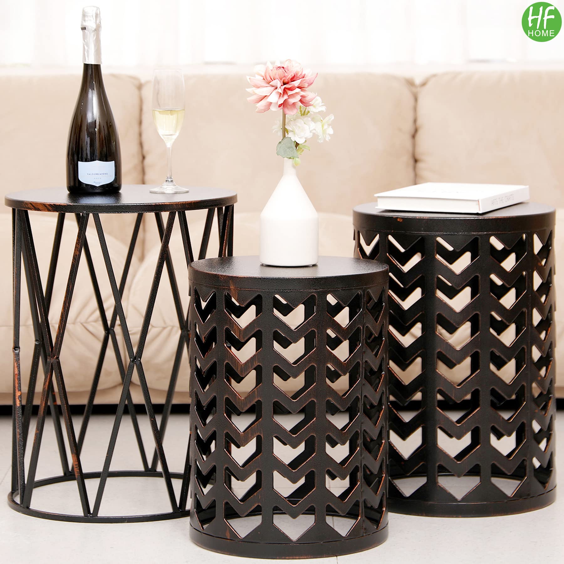 HFHOME 3-Piece Round Metal Coffee Table Set - Modern Nesting End Tables for Living Room, Bedroom, Office | Bronze Side Tables for Plants, Decor & Nightstand Use | Indoor & Outdoor Home Furniture