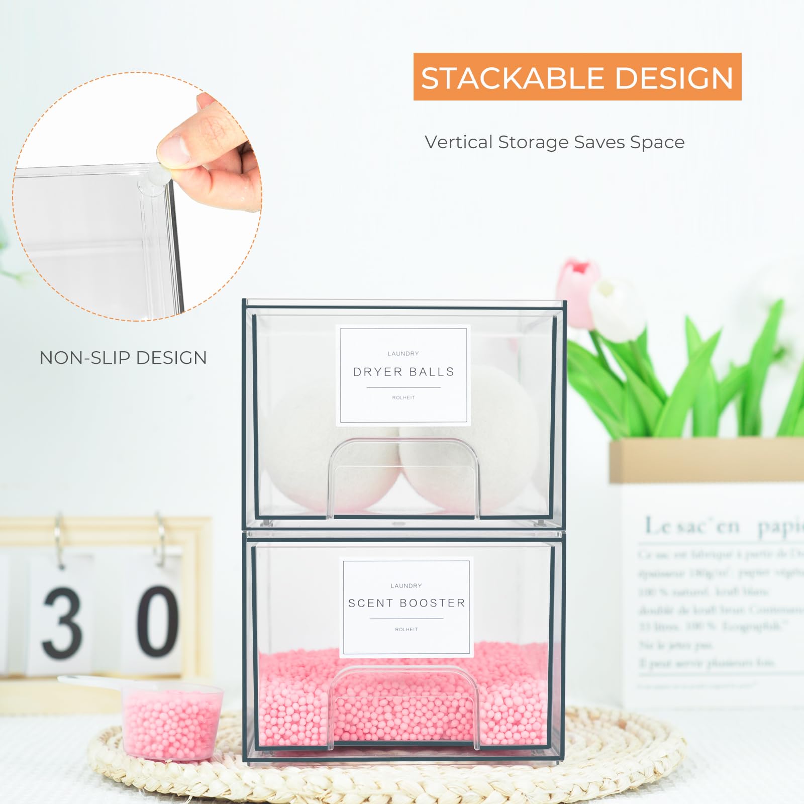 2 Pack Clear Stackable Laundry Storage Drawers with Labels - Dryer Sheet Holder & Detergent Pod Organizer - Space-Saving Laundry Room Organization for Homes & Apartments (Perfect for Small Spaces & Closet Organization)